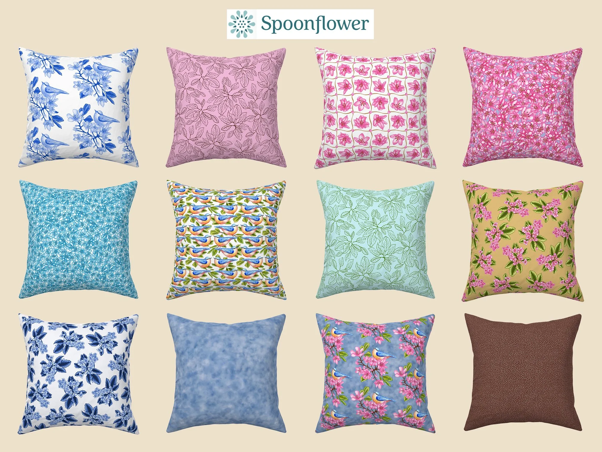 Birdie Blossoms fabric collection on pillows from Spoonflower. Classic floral cluster with bird design pillow. Contemporary botanical leaves pillow. Accent blue sky texture pillow. Birds and leaves colorful pillow. Maximalist blossom floral pillow.