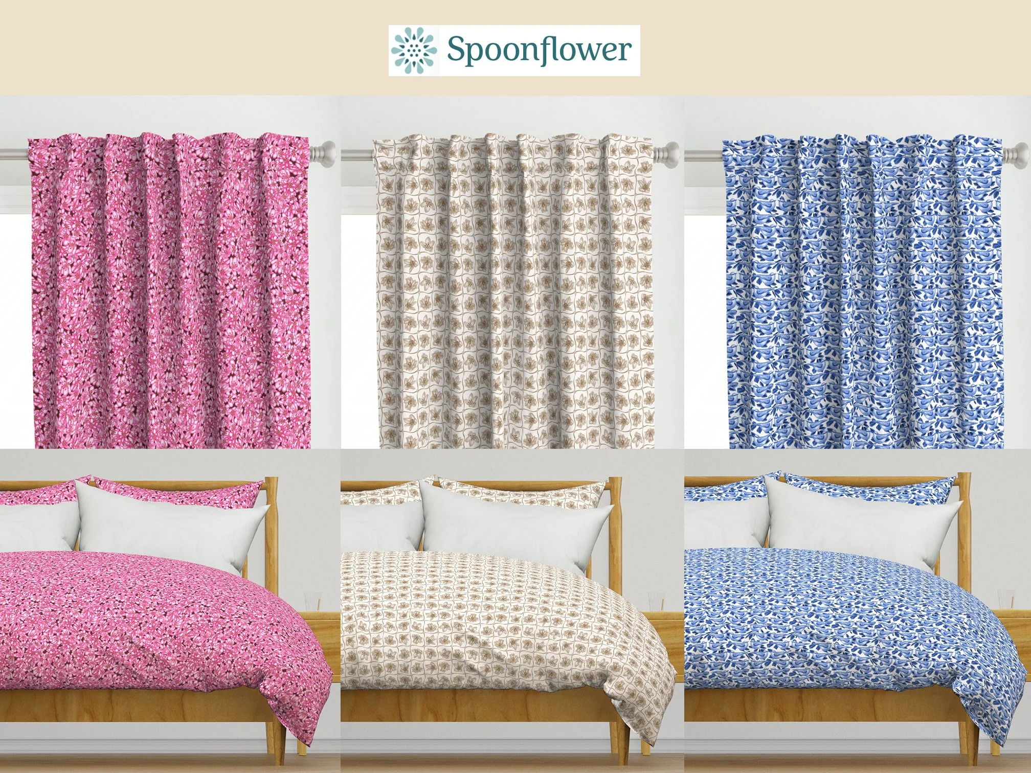 Birdie Blossoms fabric collection on drapes, pillows  and duvet available from Spoonflower. A pink and maroon blossom design. A soft gold and white checkered floral pattern. A dramatic blue and white bird and leaf pattern.