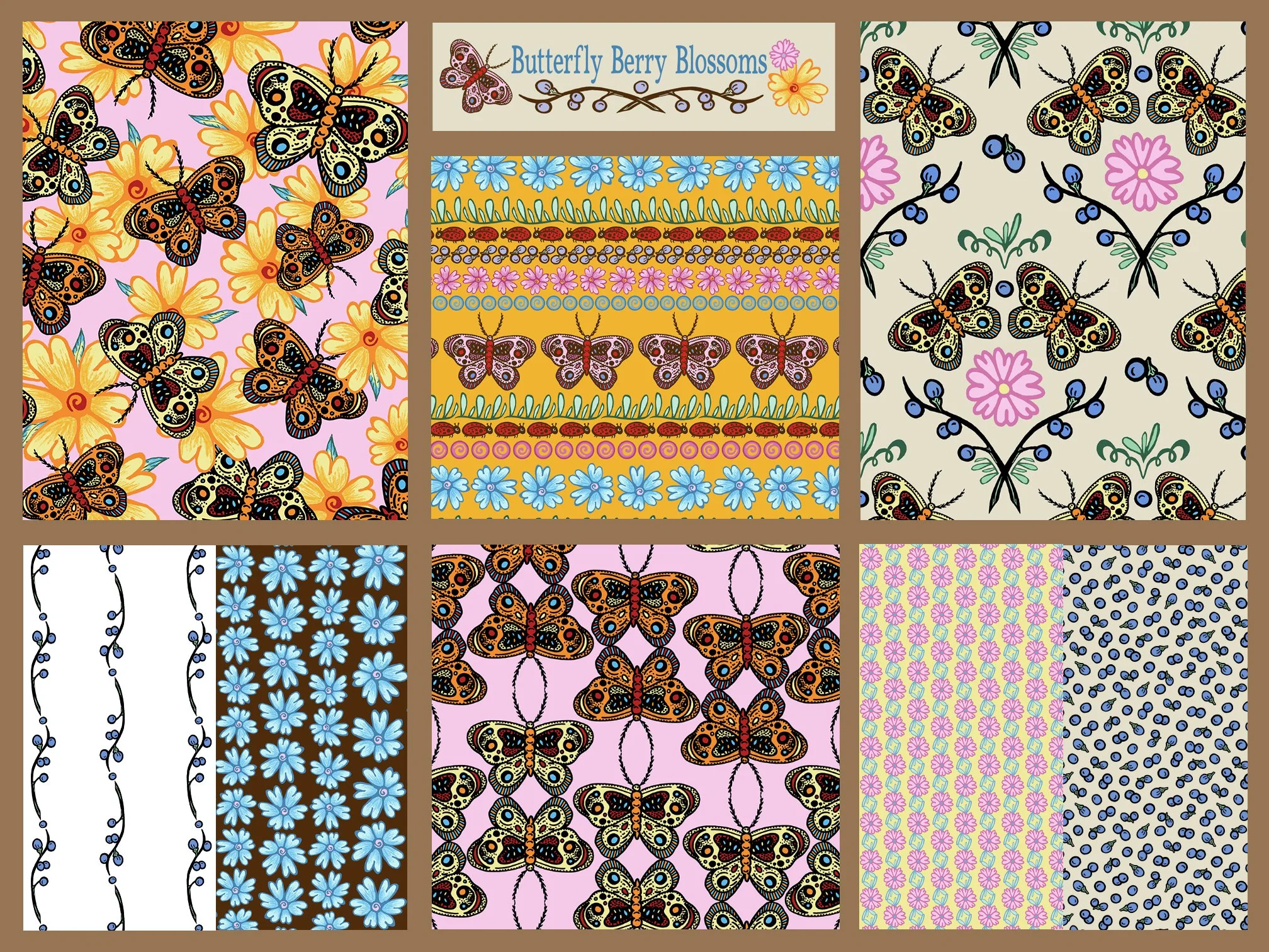 butterfly berry blossoms design collection of 8 patterns with florals, butterflies, berries in multicolor combinations