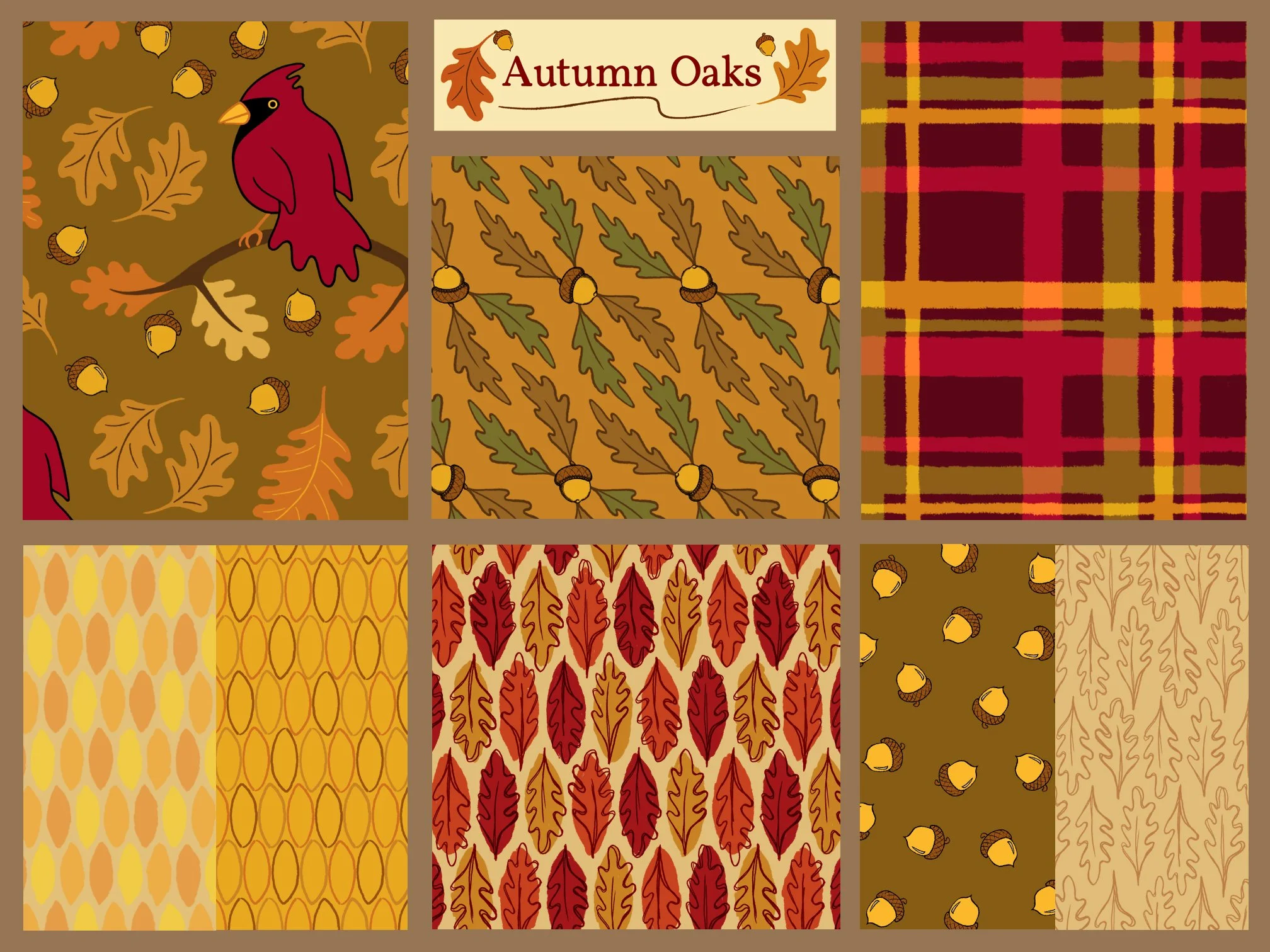 Autumn Oaks design collection of 8 patterns with acorns, cardinal bird, plaid, leaves in amber, greens, reds and spice colors