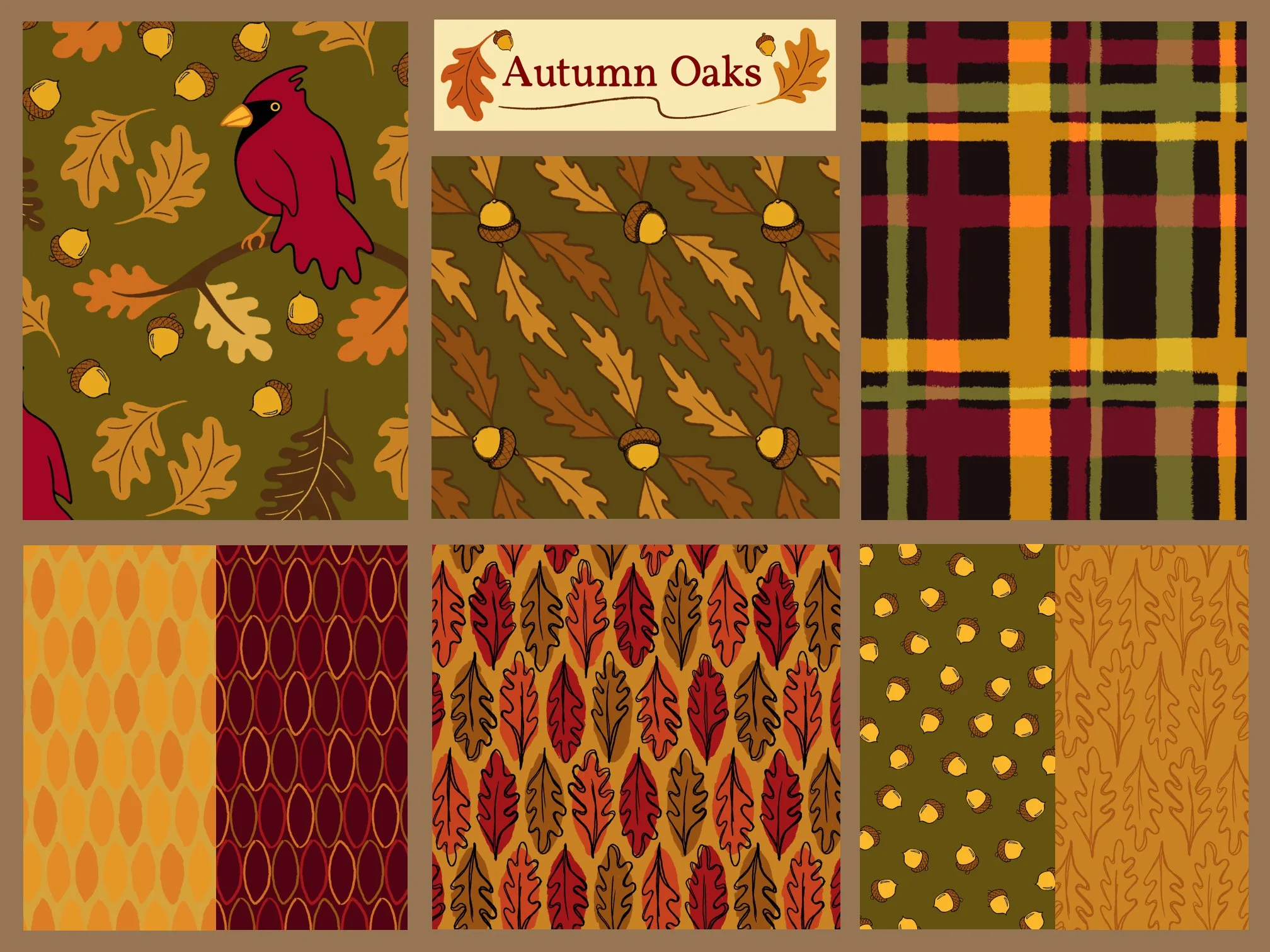 Autumn Oaks design collection of 8 patterns with acorns, cardinal bird, plaid, leaves in greens, reds and spice colors