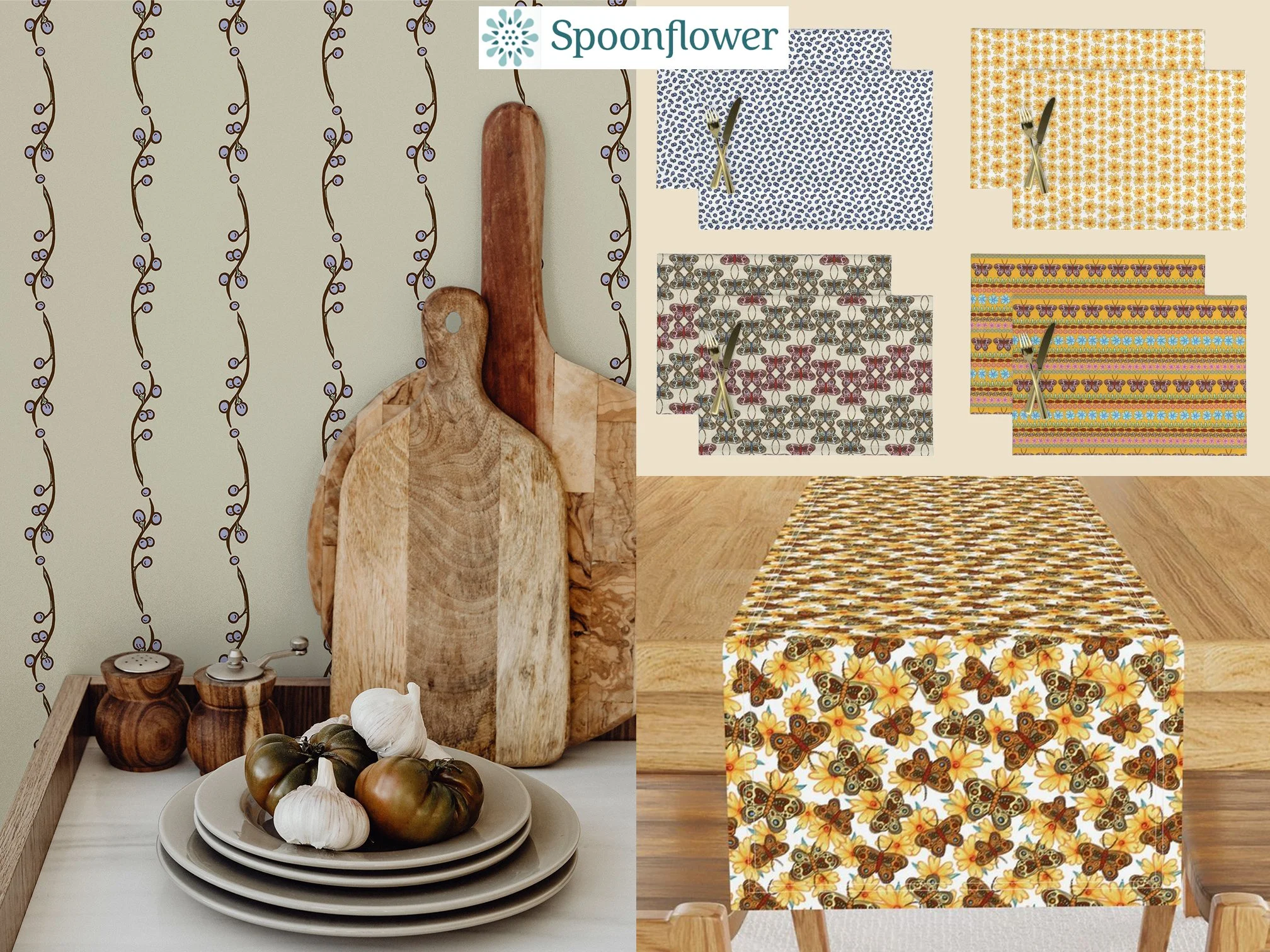 Butterfly berry collection for home decor from Spoonflower on wallpaper, table runner and placemats. Elegant berry vines striped wallpaper. Lively butterflies and daises table runner. Blueberry ditzy placemat pattern. Yellow daises stripe placemat.