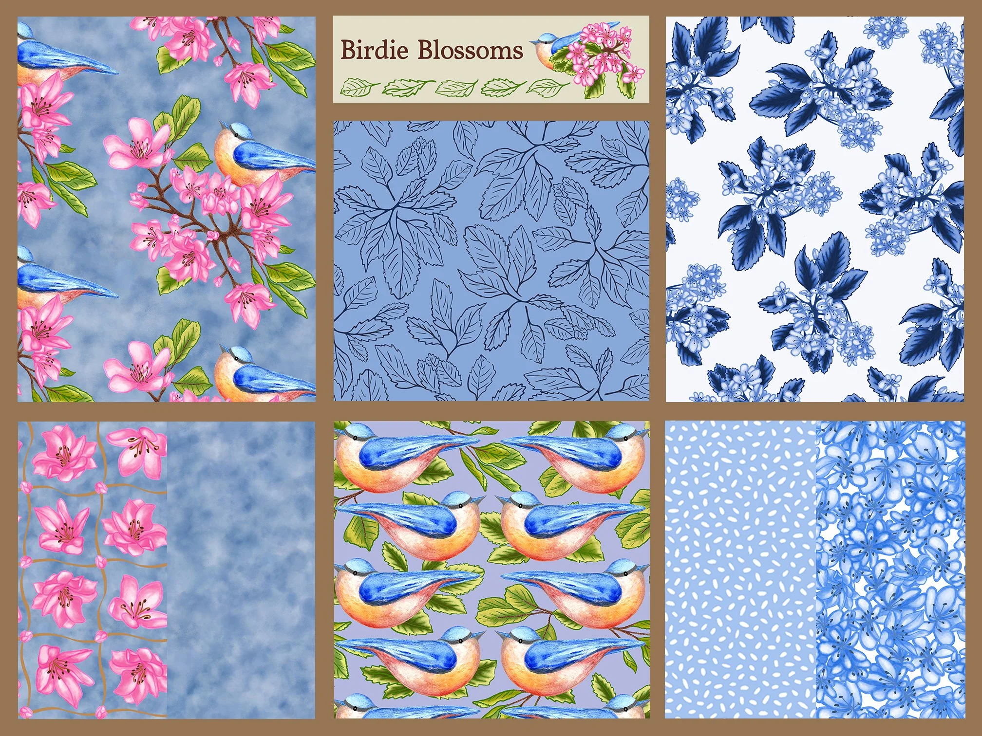 birdie blossoms design collection of 8 patterns of birds, leaves, and flowers with a blue sky texture pattern coordinate