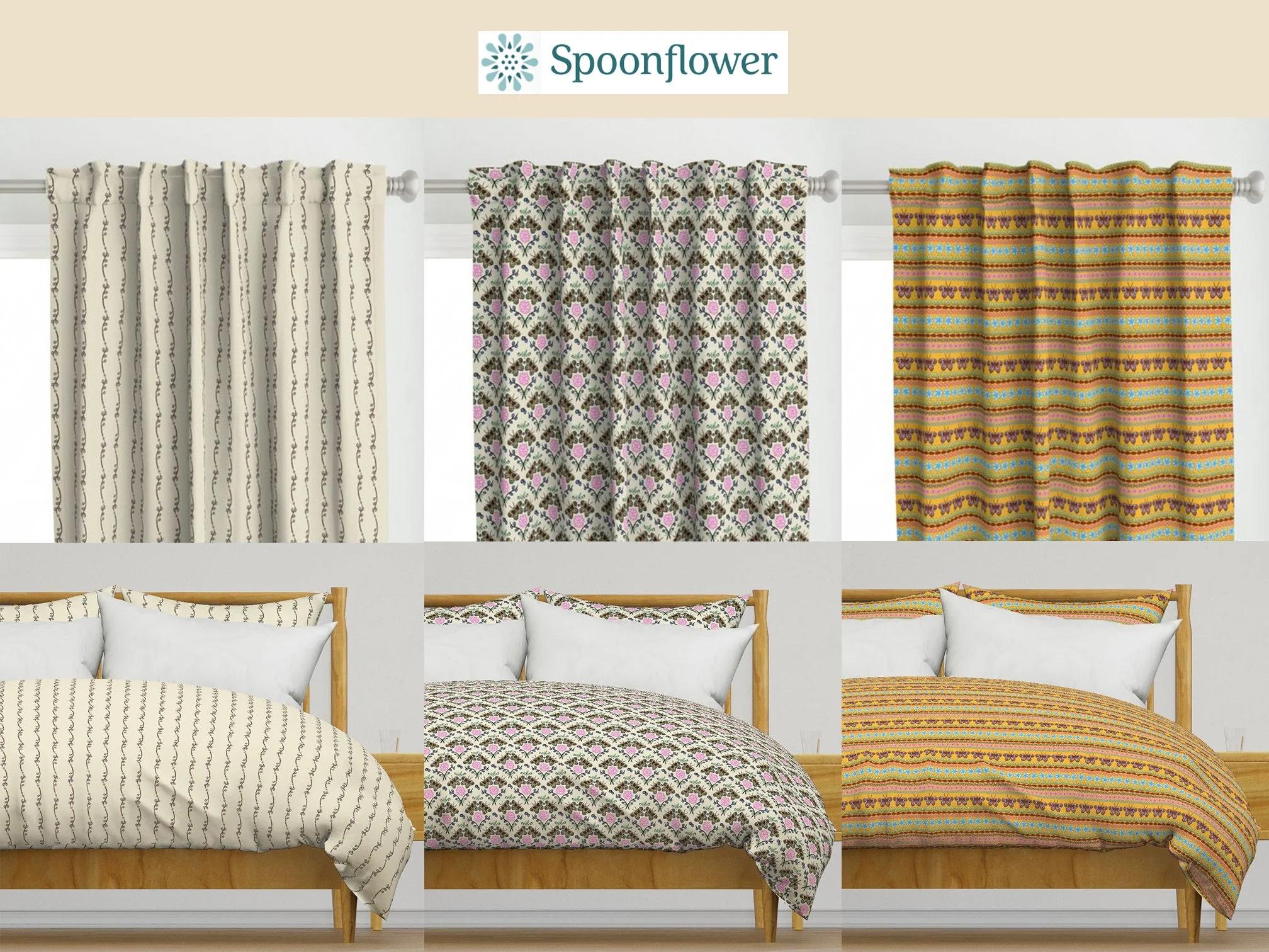 Butterfly Berry fabric collection on drapes, pillows and duvet available from Spoonflower.  A vintage trailing berries stripe pattern. A floral butterfly damask pattern. A bohemian garden stripe with flowers, ladybugs, butterflies and leaves pattern.