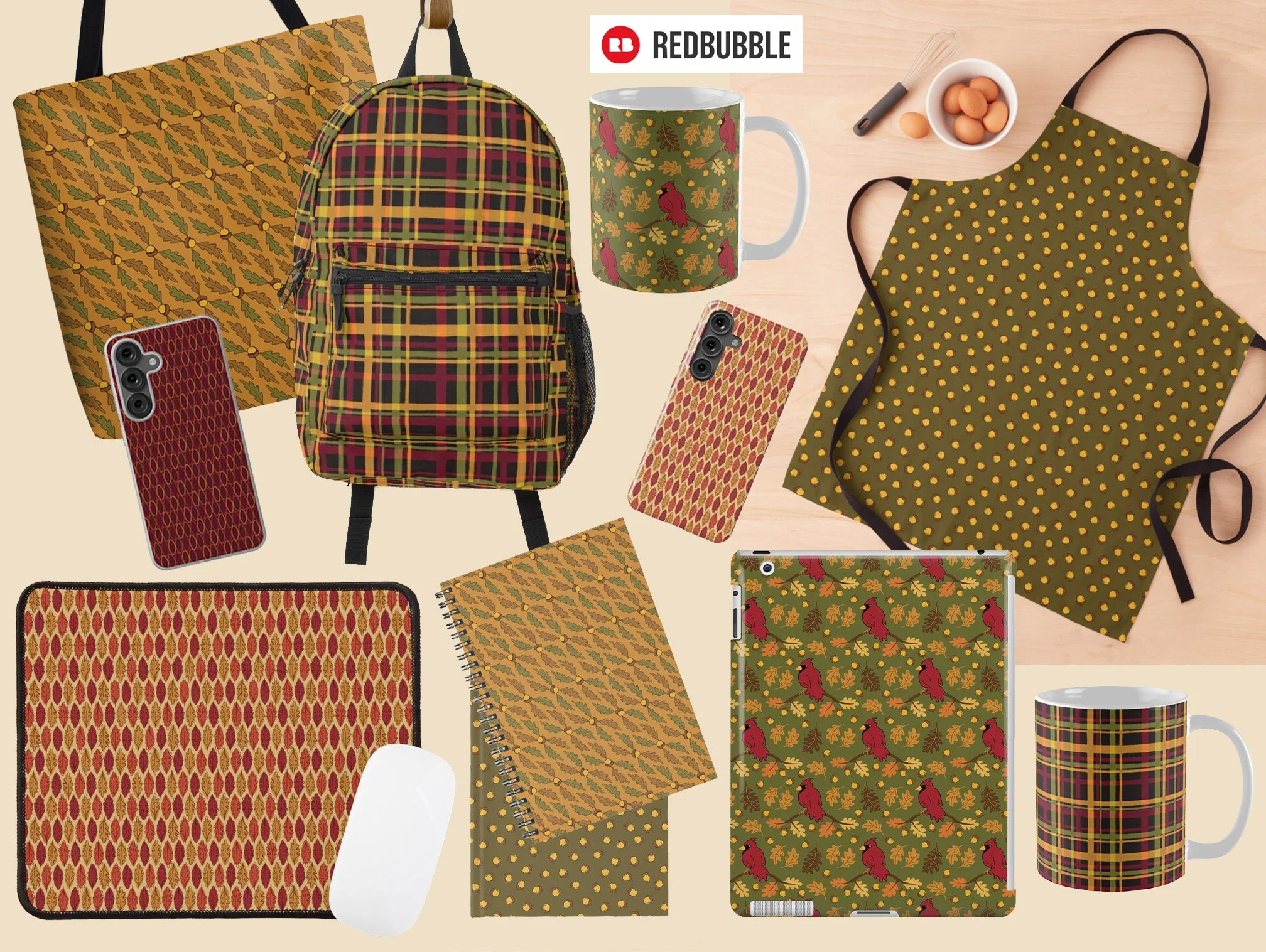 Autumn Oaks collection on products through Redbubble. Plaid backpack, Cardinal and oak leaves ceramic mug. Apron with tossed acorns. Colorful fall leaves mousepad. Journals, tote bag, phone cases, tablet cover with exclusive designs.