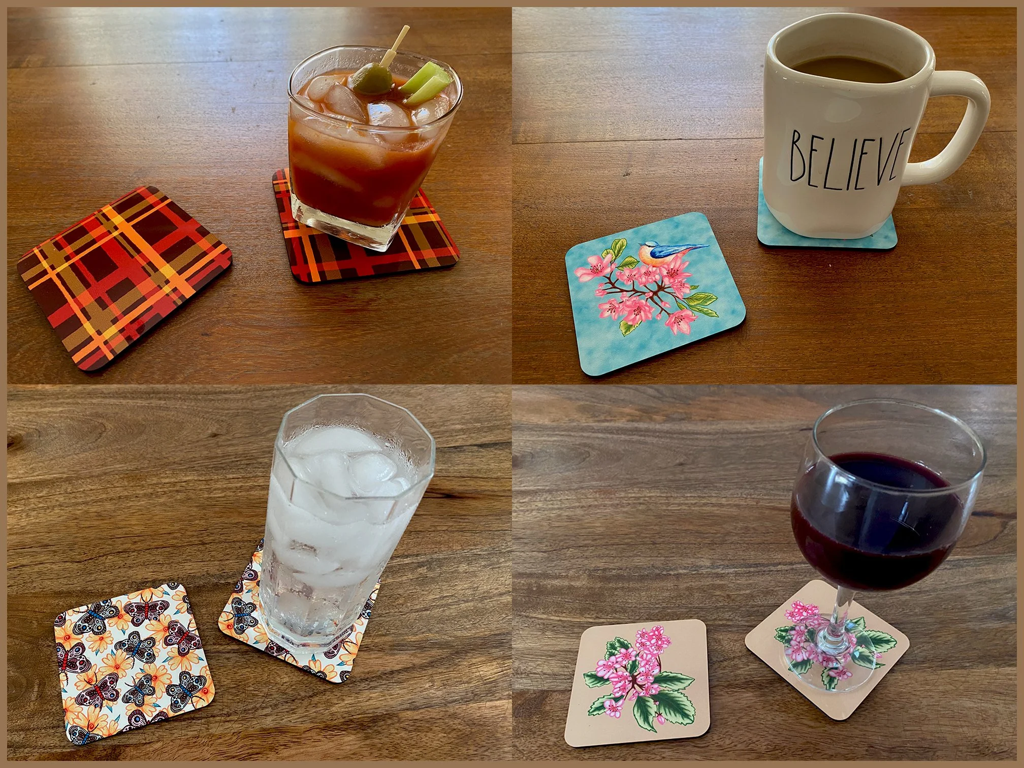 Exclusive coasters for beverages from Joyous shop. Plaid coasters. Elegant floral cluster and leaves coasters. Butterflies with daises coasters. Birdie Blossoms coasters.