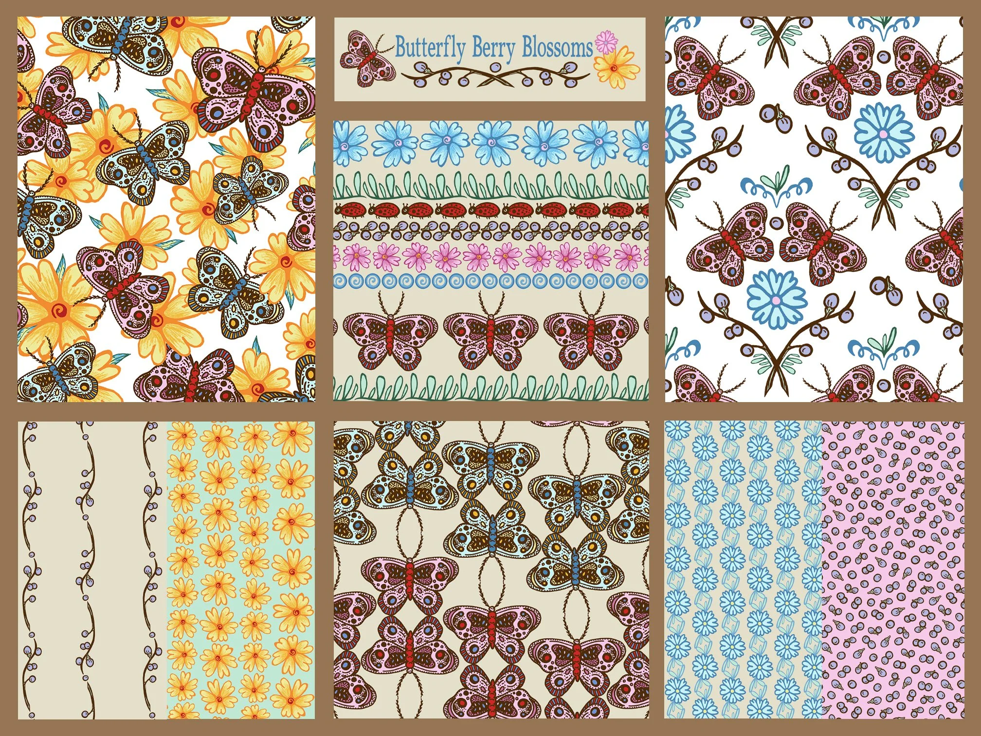 butterfly berry blossoms design collection of 8 patterns with florals, butterflies, berries in tan, pink, mint, yellow and brown colors
