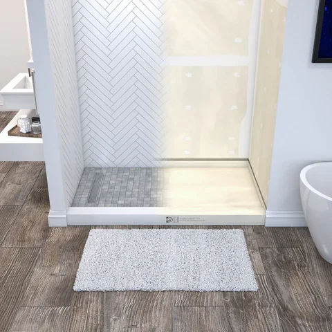 Herringbone shower showing the Tile Redi waterproofing system