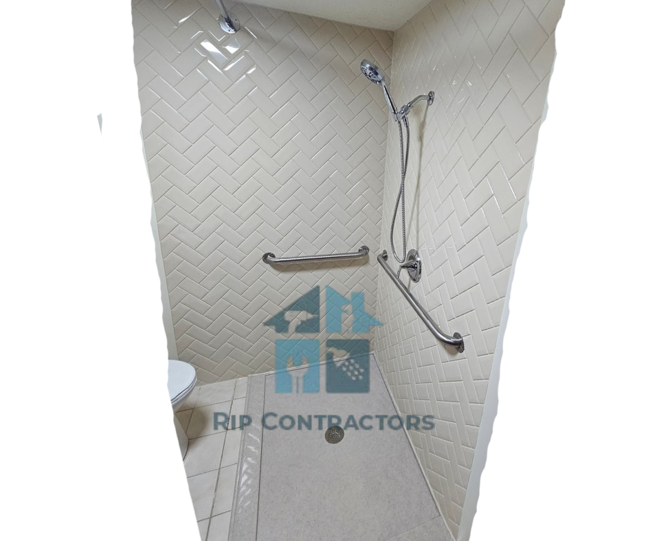 Zero Barrier Ashower with herringbone walls, grab bars