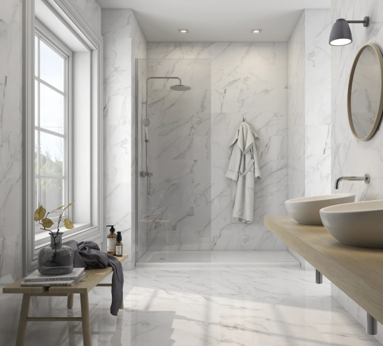 Walk in marble shower using tile redi system in Bolivar, MO. zero barrier, walk in shower perfect for aging in place.