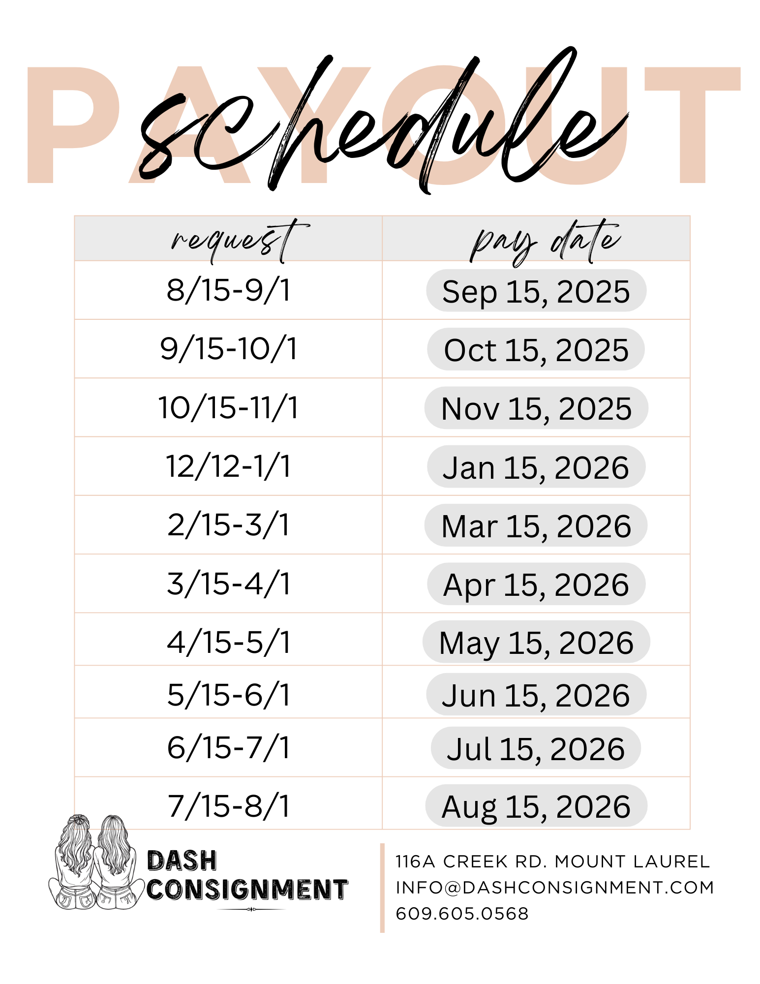 Schedule for Dash Consignment showing pickup requests and pay dates from August 15, 2025, to August 15, 2026, with contact details and a logo of two women from the back.