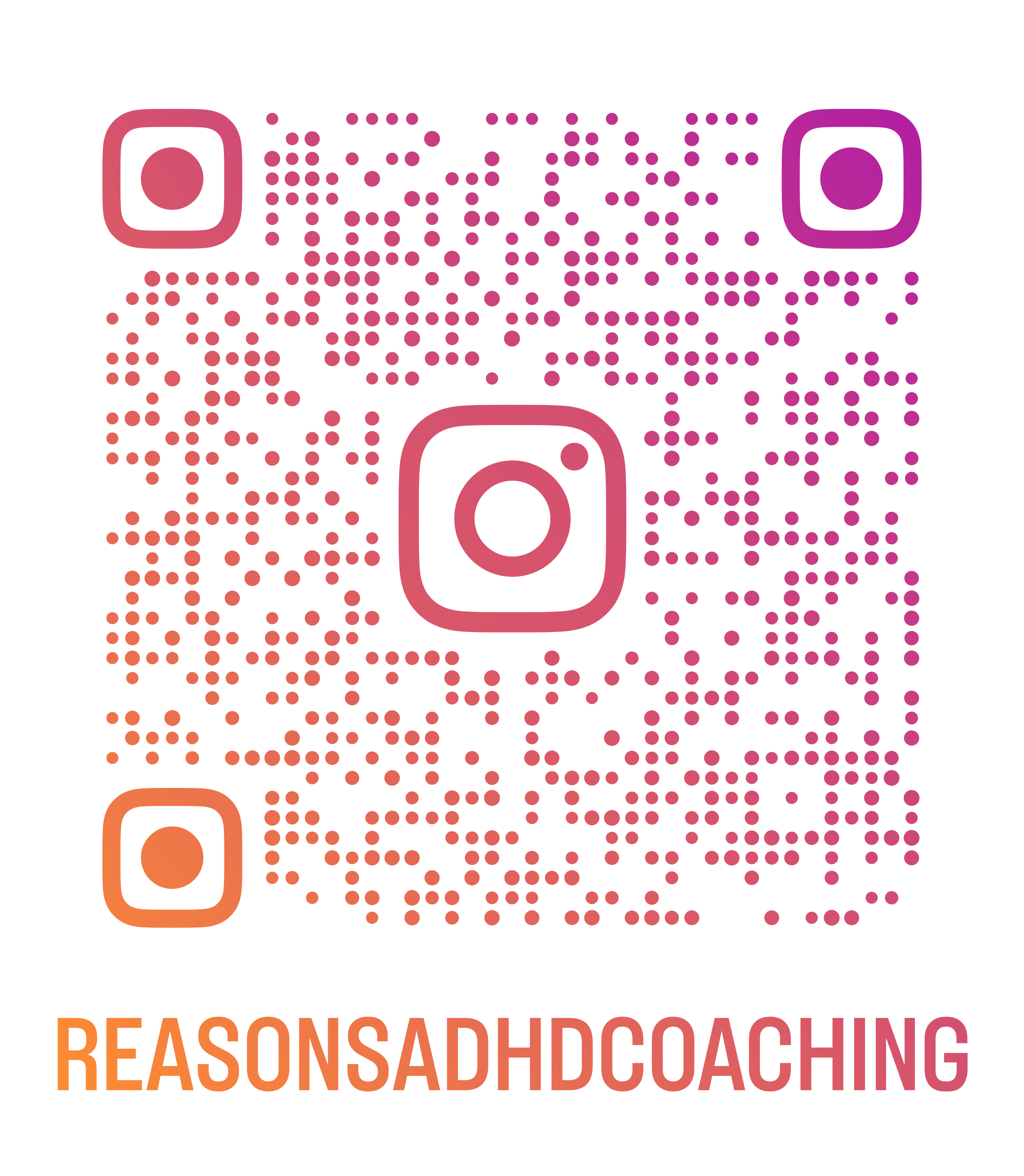 Colorful Instagram QR code with the text 'REASONSDADHDC coaching' below it.