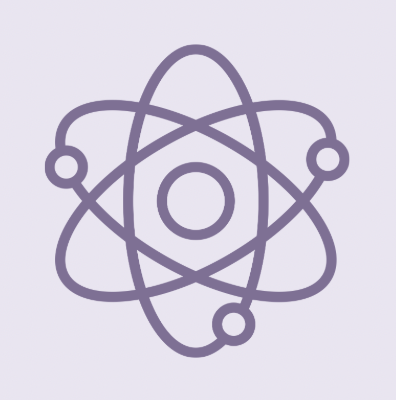 An abstract purple atom symbol with a circular nucleus and orbital paths, on a light purple background.