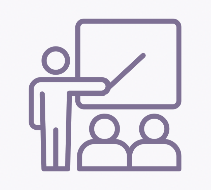 Line drawing of a person giving a presentation to an audience in front of a screen or whiteboard.