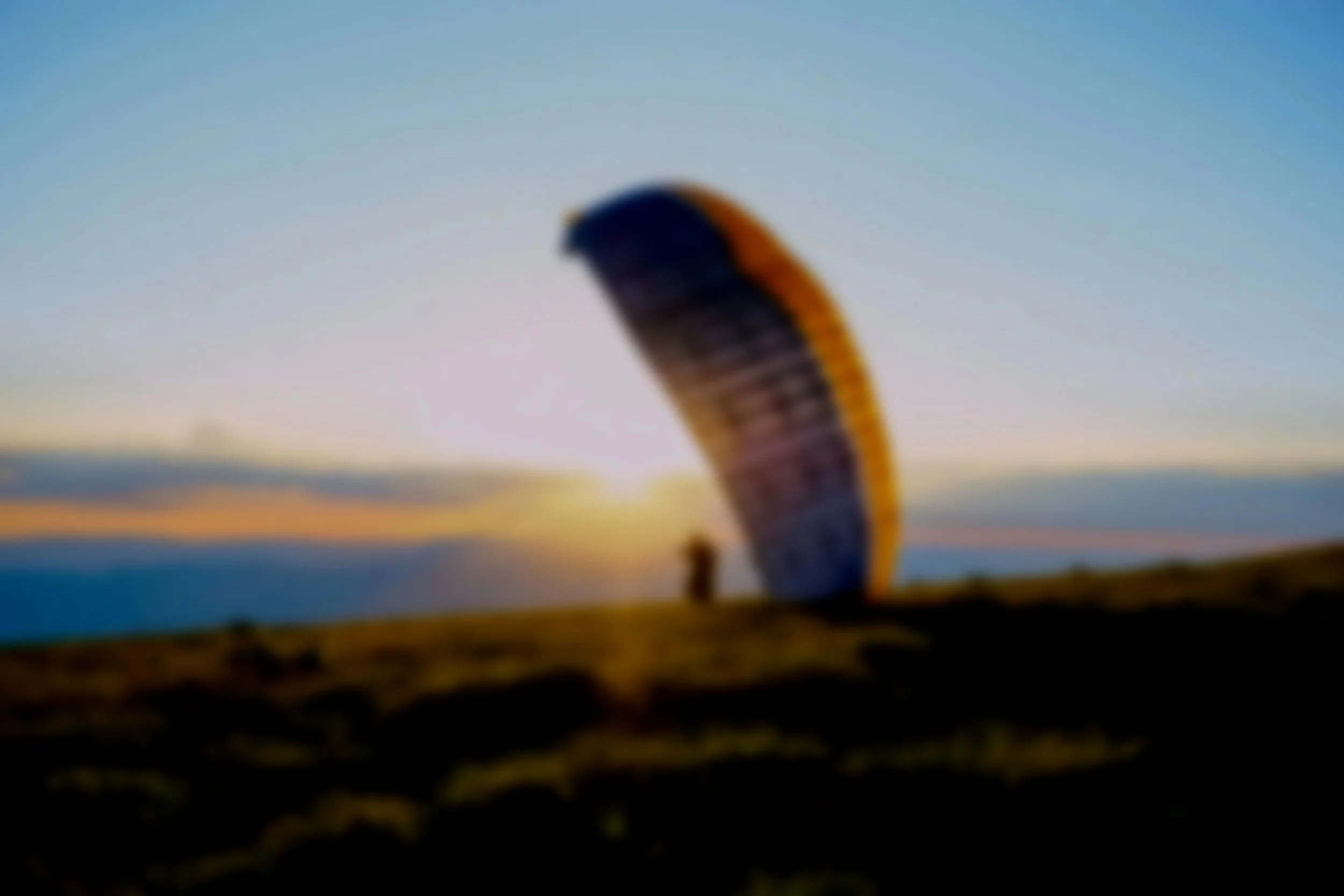 A blurry photo of a person standing near a large, curved object on a grassy landscape during sunset.