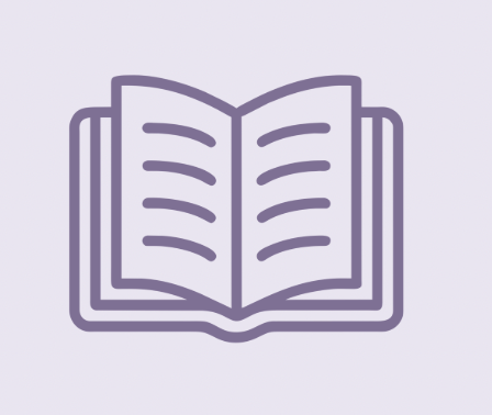 Icon of an open book with lines of text, outlined in purple.