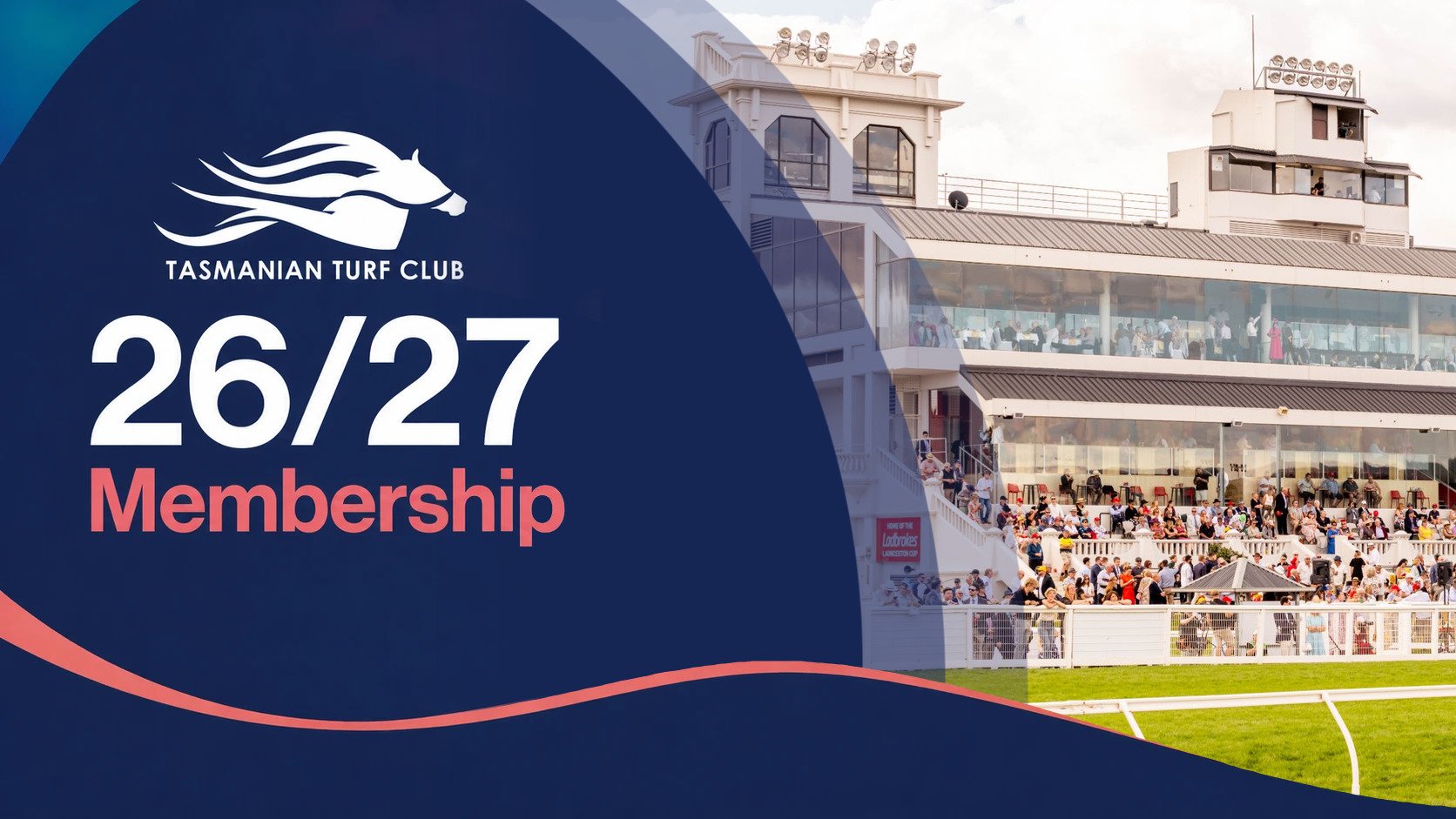 Announcement for Tasmanian Turf Club membership event on March 26th and 27th, featuring a horse logo, with a photo of a crowded grandstand at sunset.