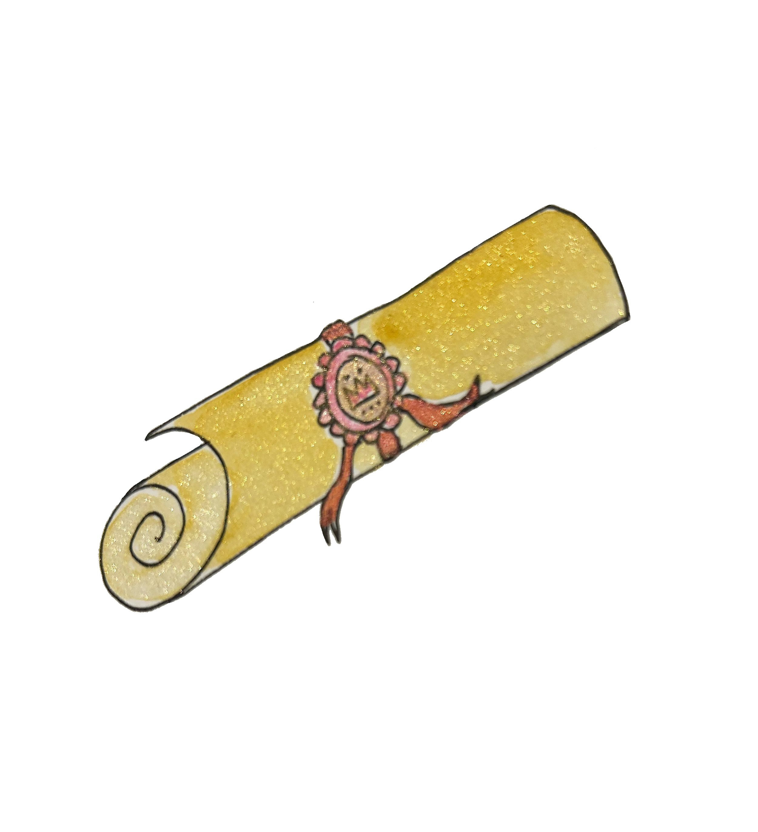 Sparkly watercolour illustration of a parchment scroll and seal