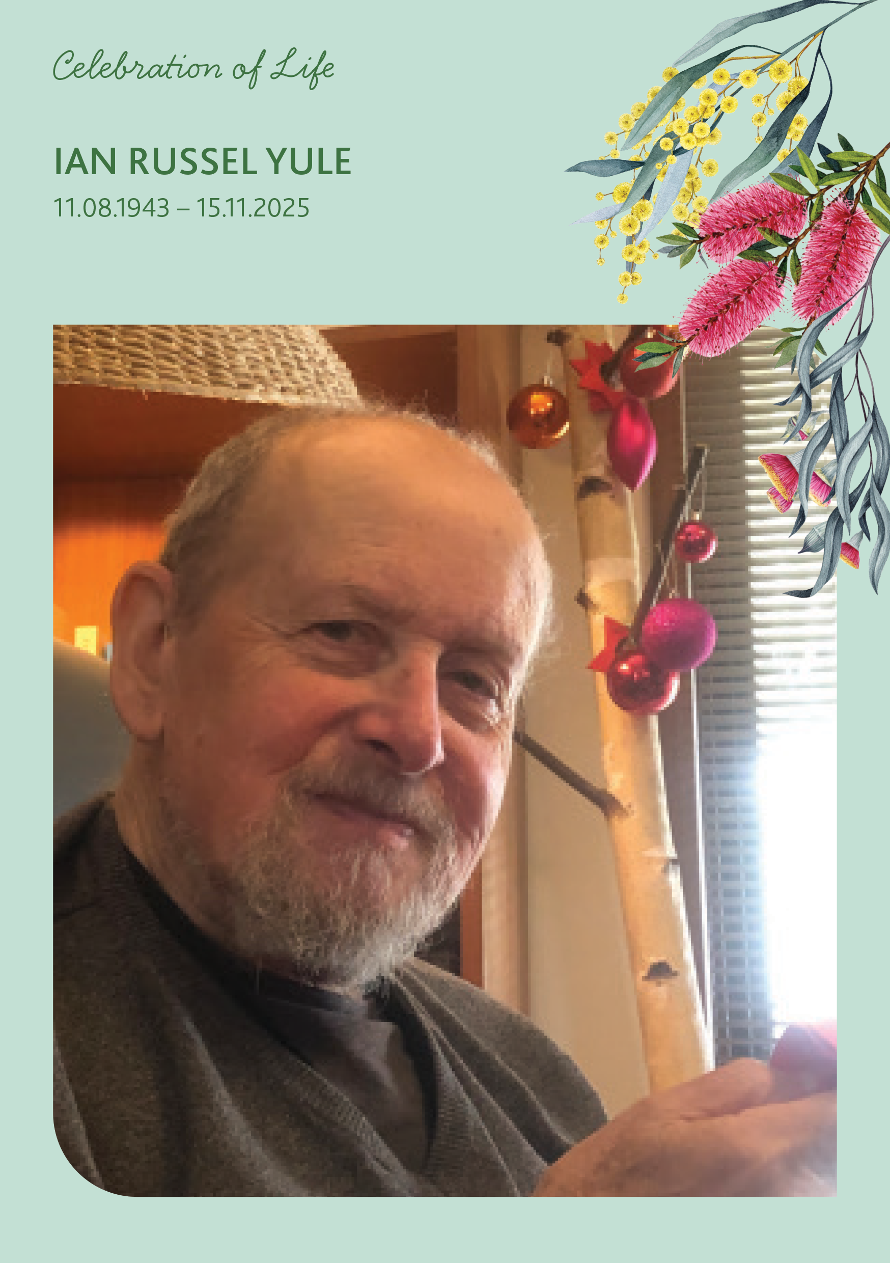 Front of a funeral order of service booklet for an older man. Native flower theme