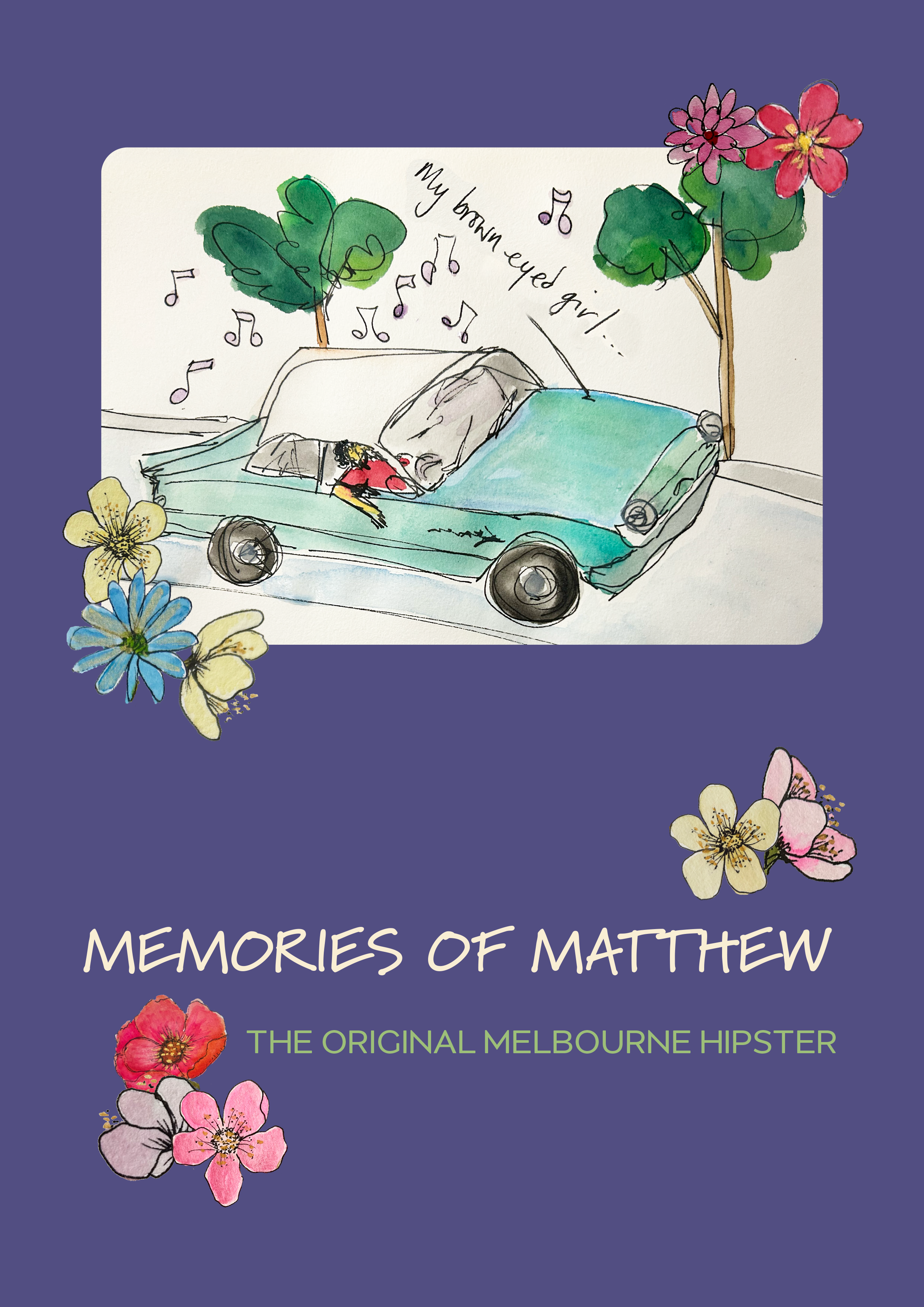 Front cover of a memory book with a hand drawn illustration of the person in an old style car