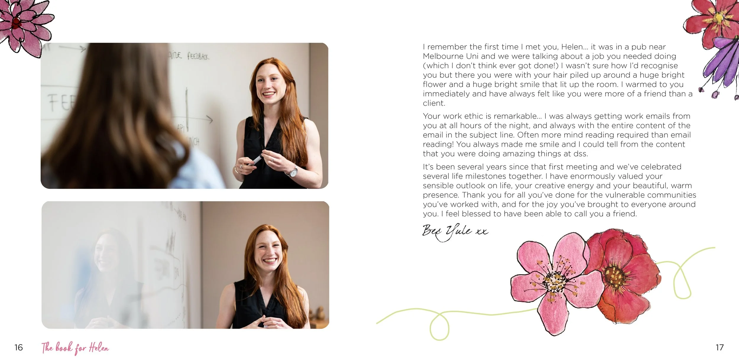 Two page spread of a memory book with some hand drawn illustrations, photos and a personal memory