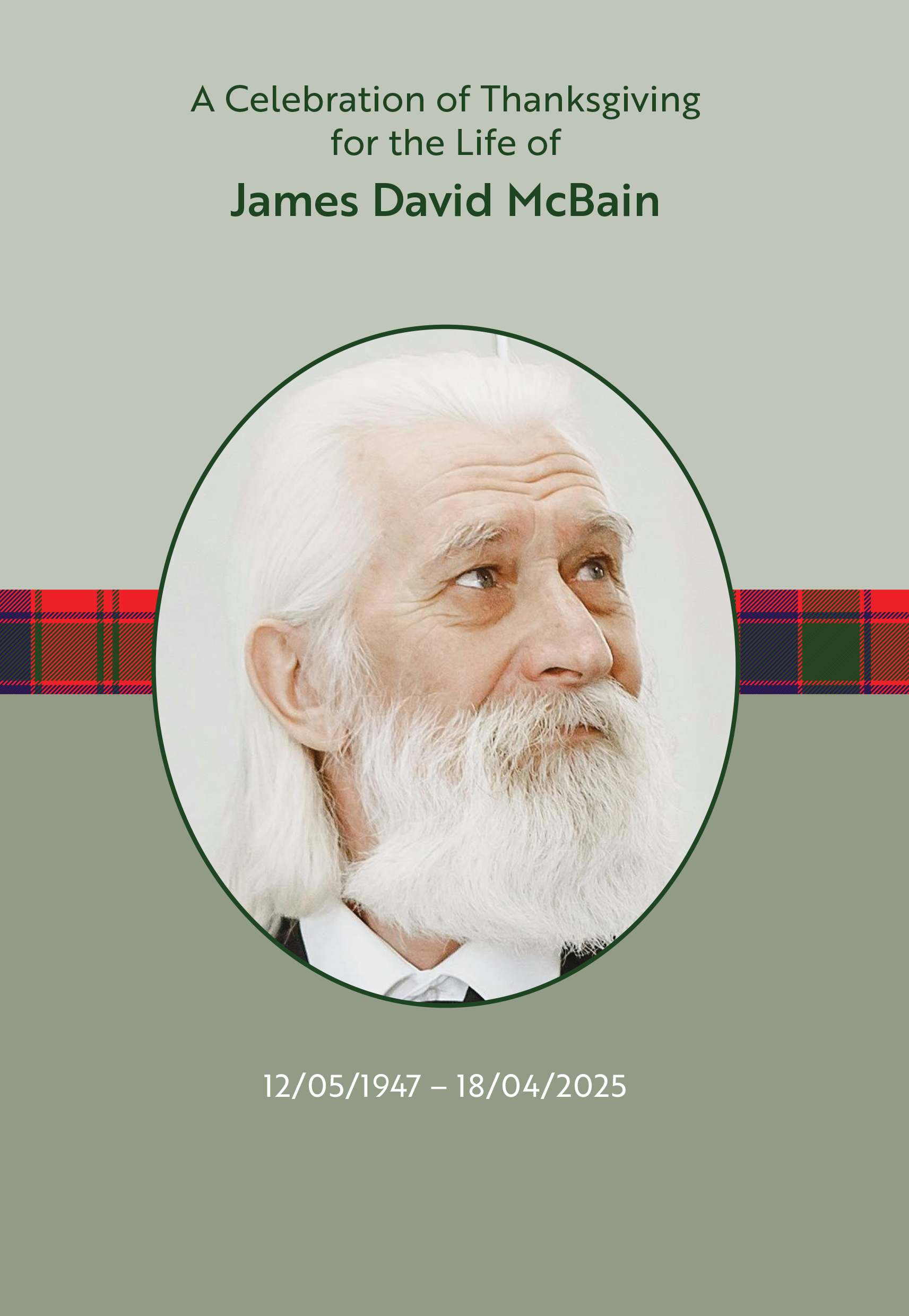 Front of a funeral order of service booklet for an older man. Tartan theme