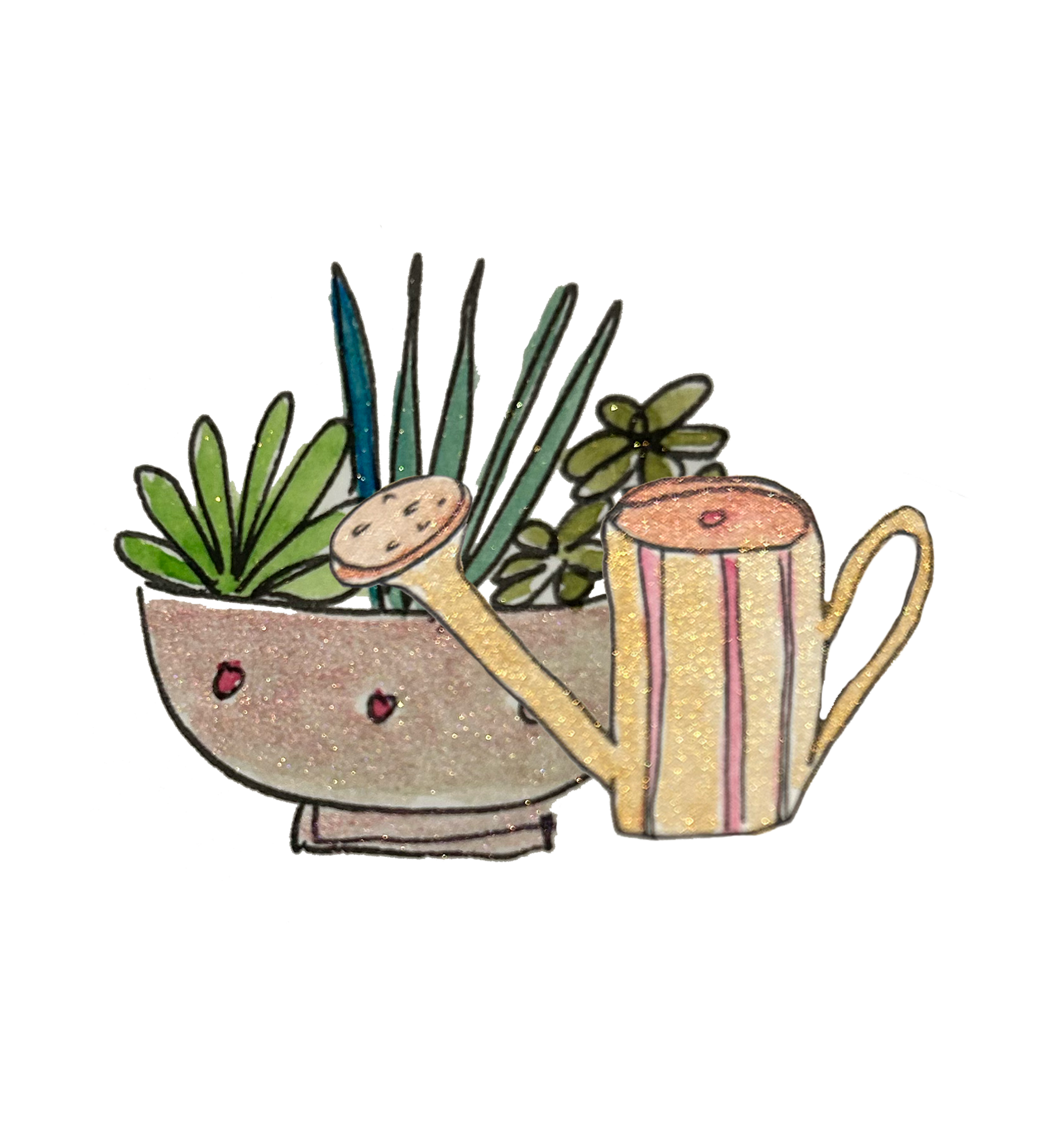 sparkly watercolour illustration of a plant and watering can