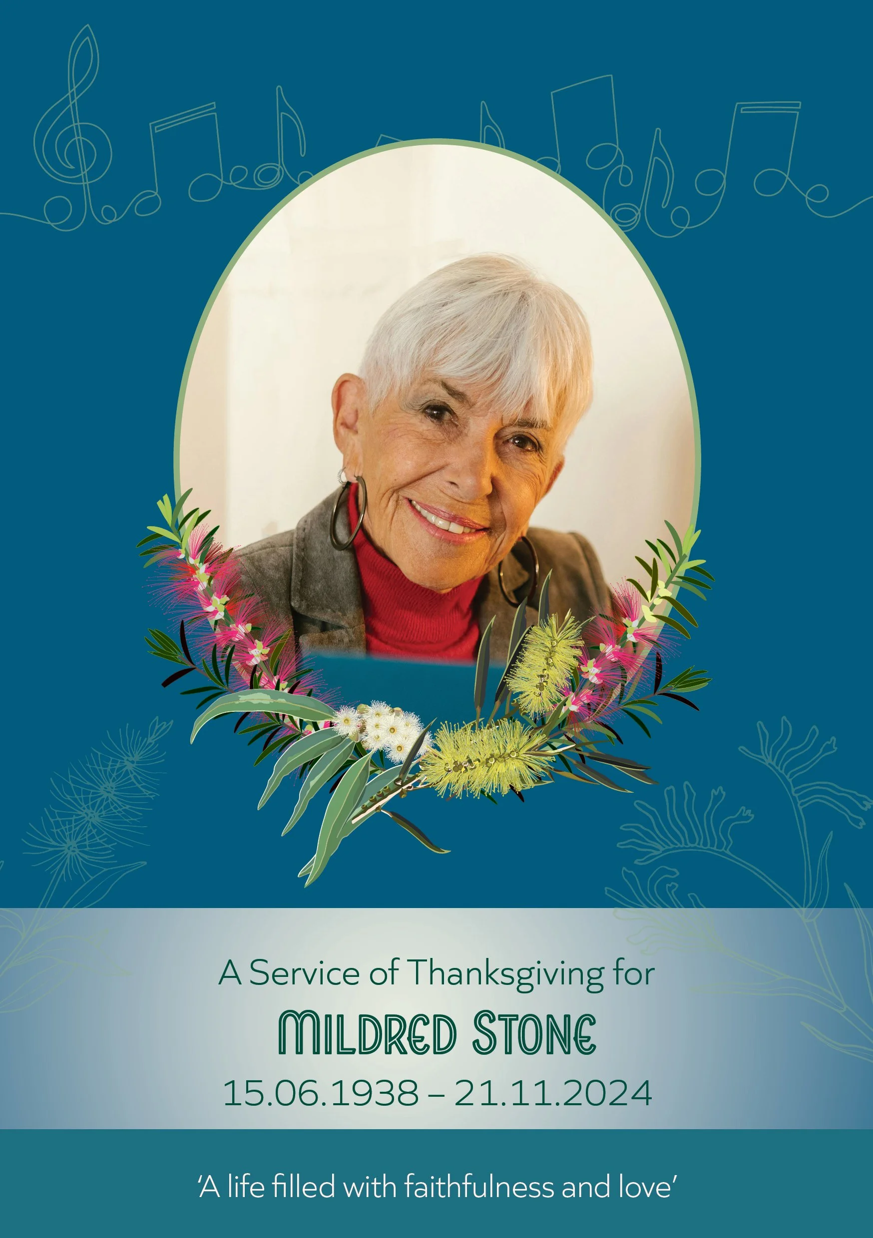 Front of a funeral order of service booklet for an older woman. Music and native flora themes