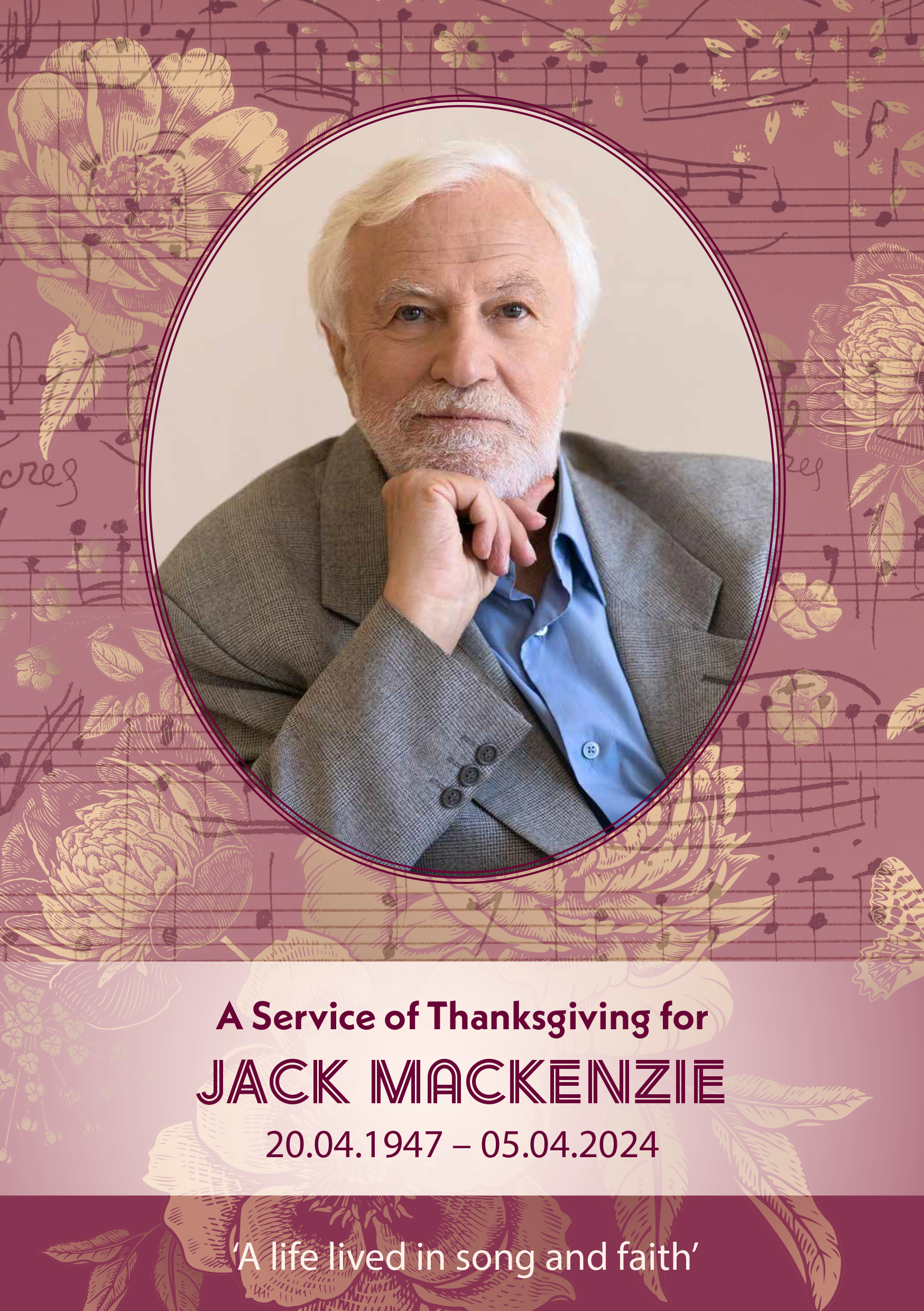 Front of a funeral order of service booklet for an older man. Music and floral brocade themes. 