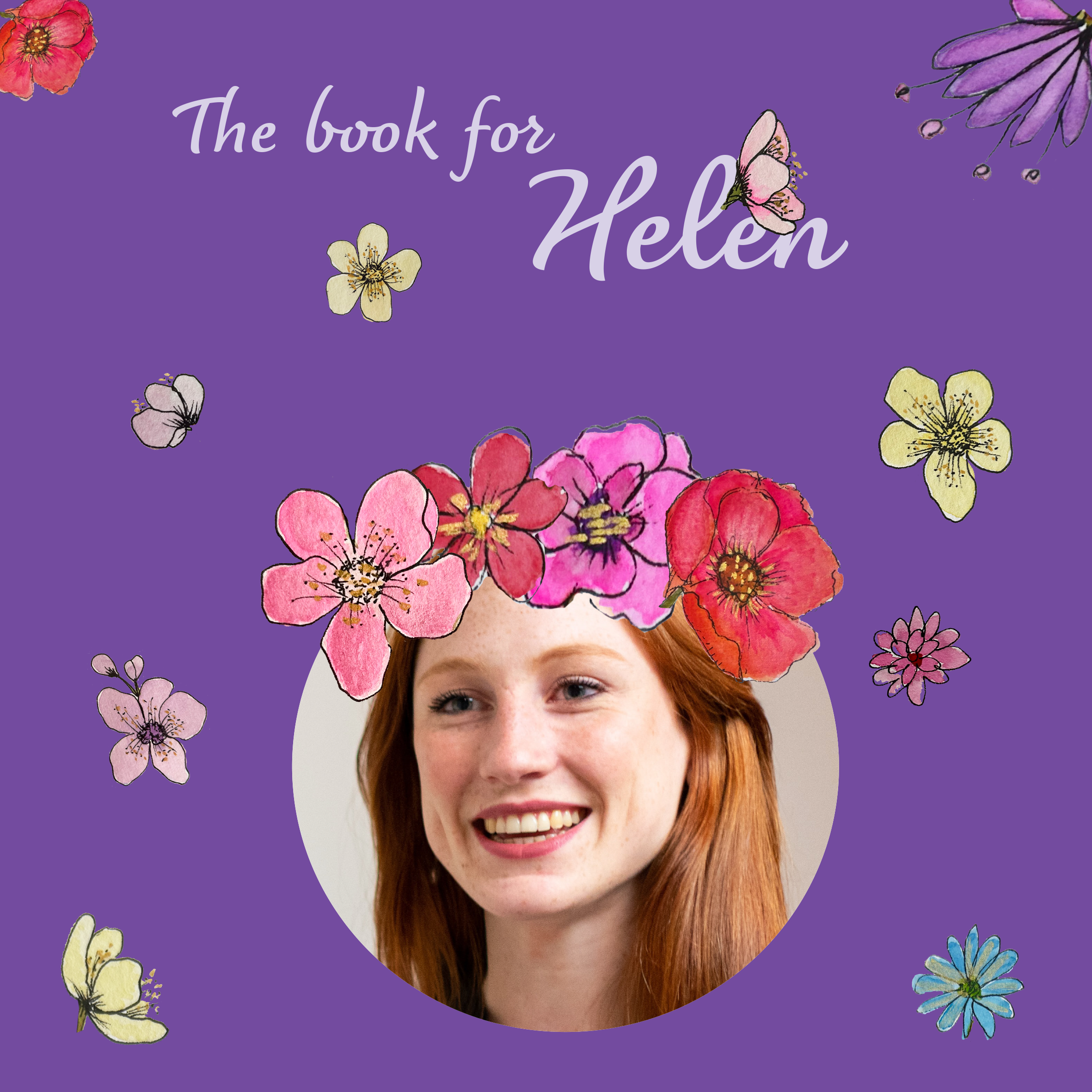 Front cover of a memory book with hand drawn flowers all over it and a smiley woman