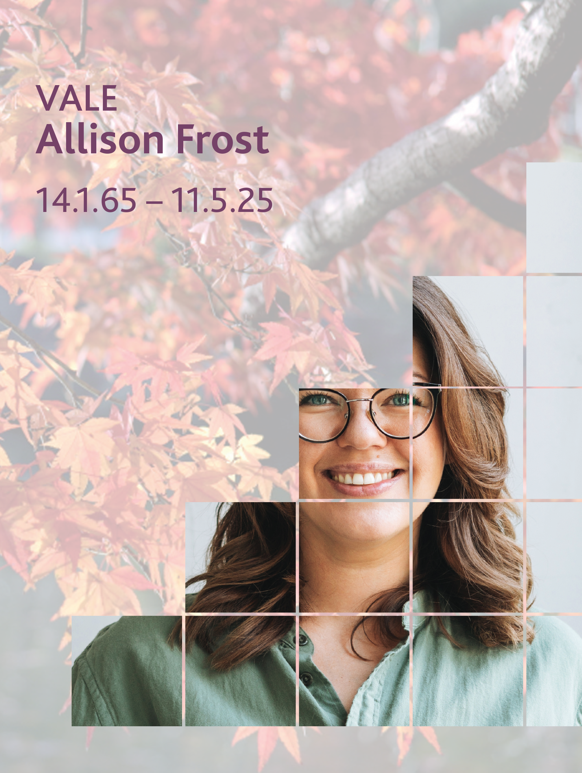 Front of a funeral order of service booklet for a middle aged woman. Autumnal theme