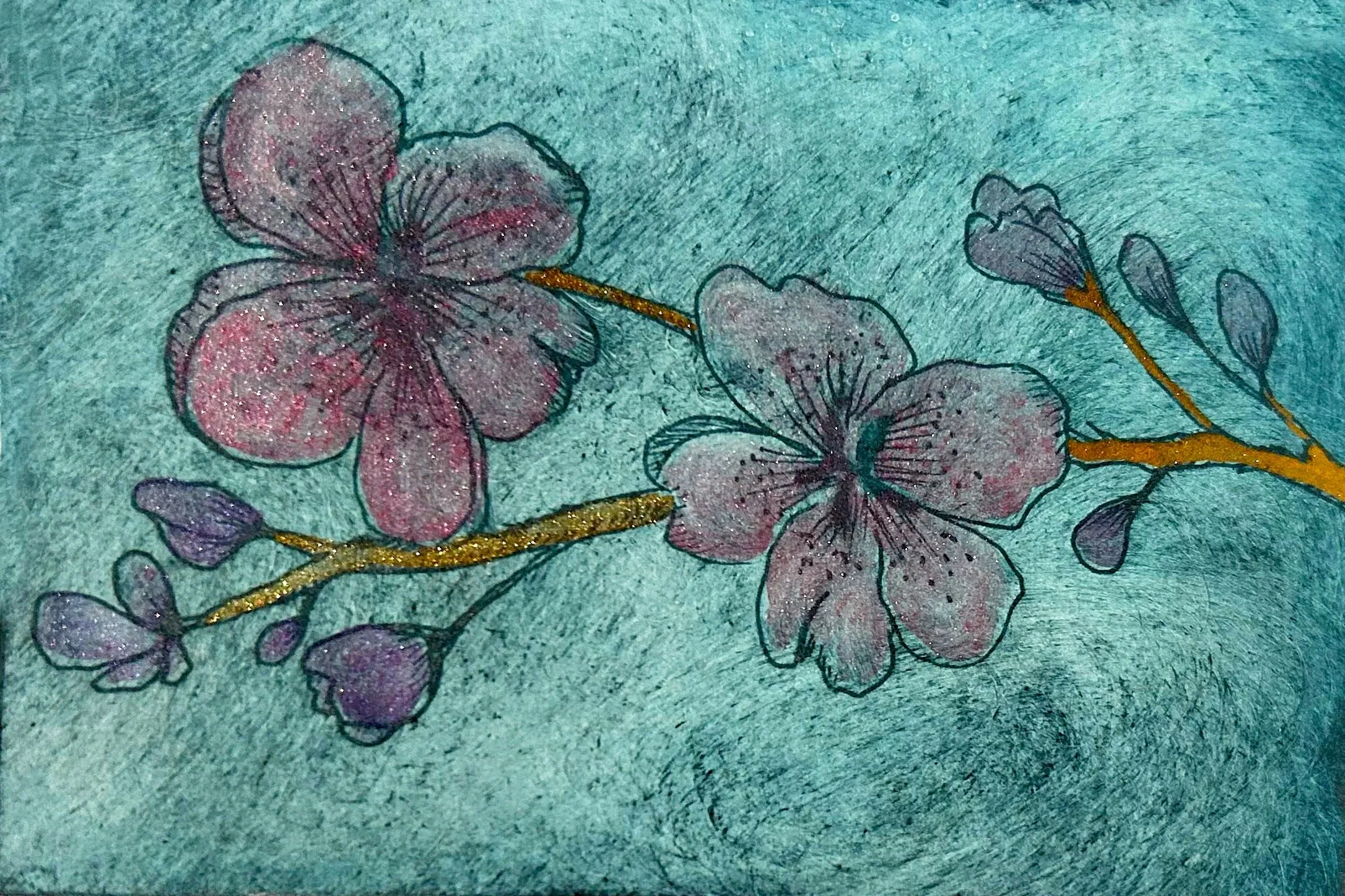 Large etching of cherry blossom with hand painted watercolour sparkles