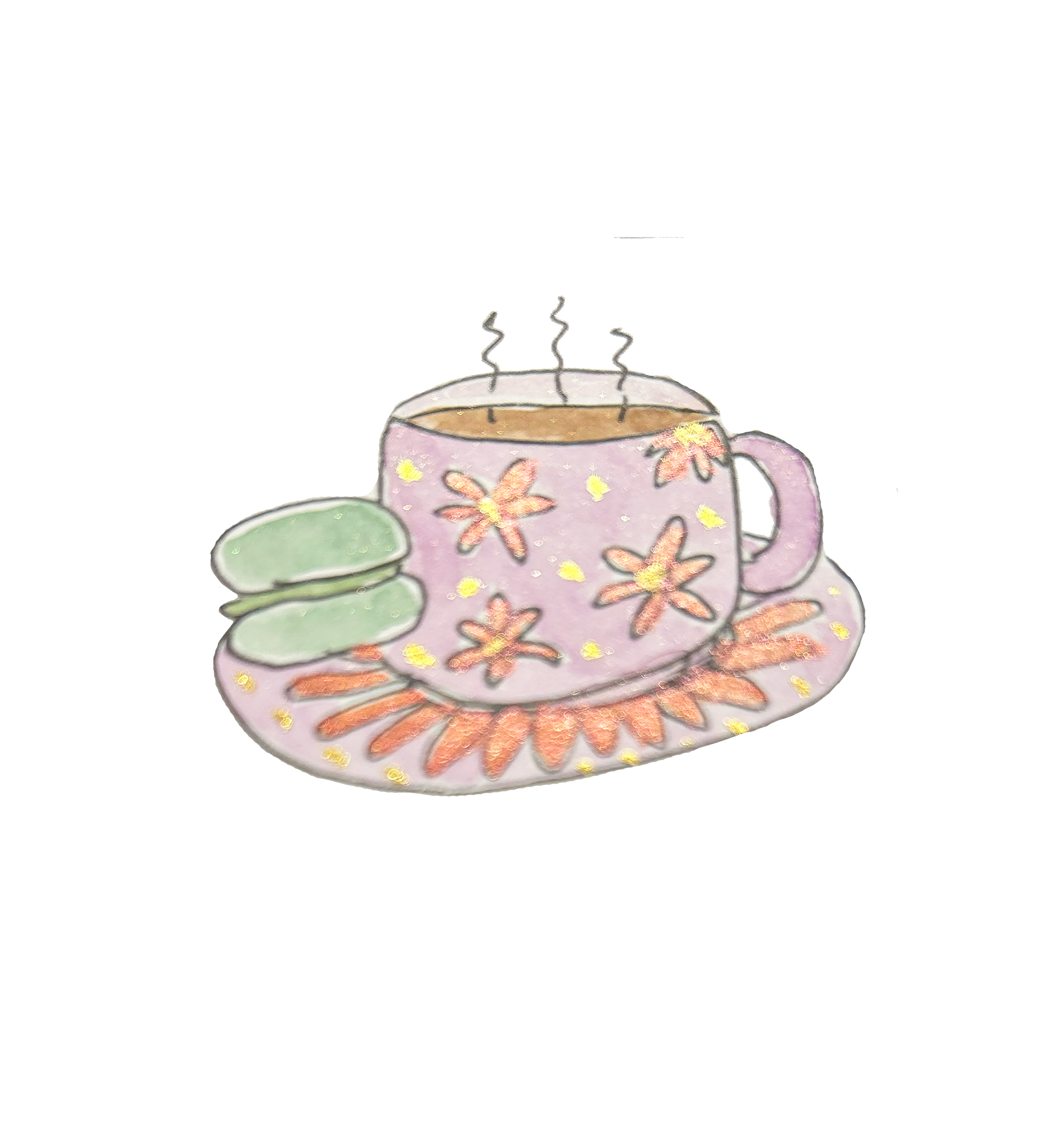 sparkly watercolour illustration of a cup of tea and a biccie