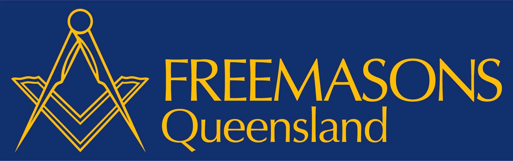 Logo of Freemasons Queensland featuring a gold square and compass symbol with a dark blue background and gold text.