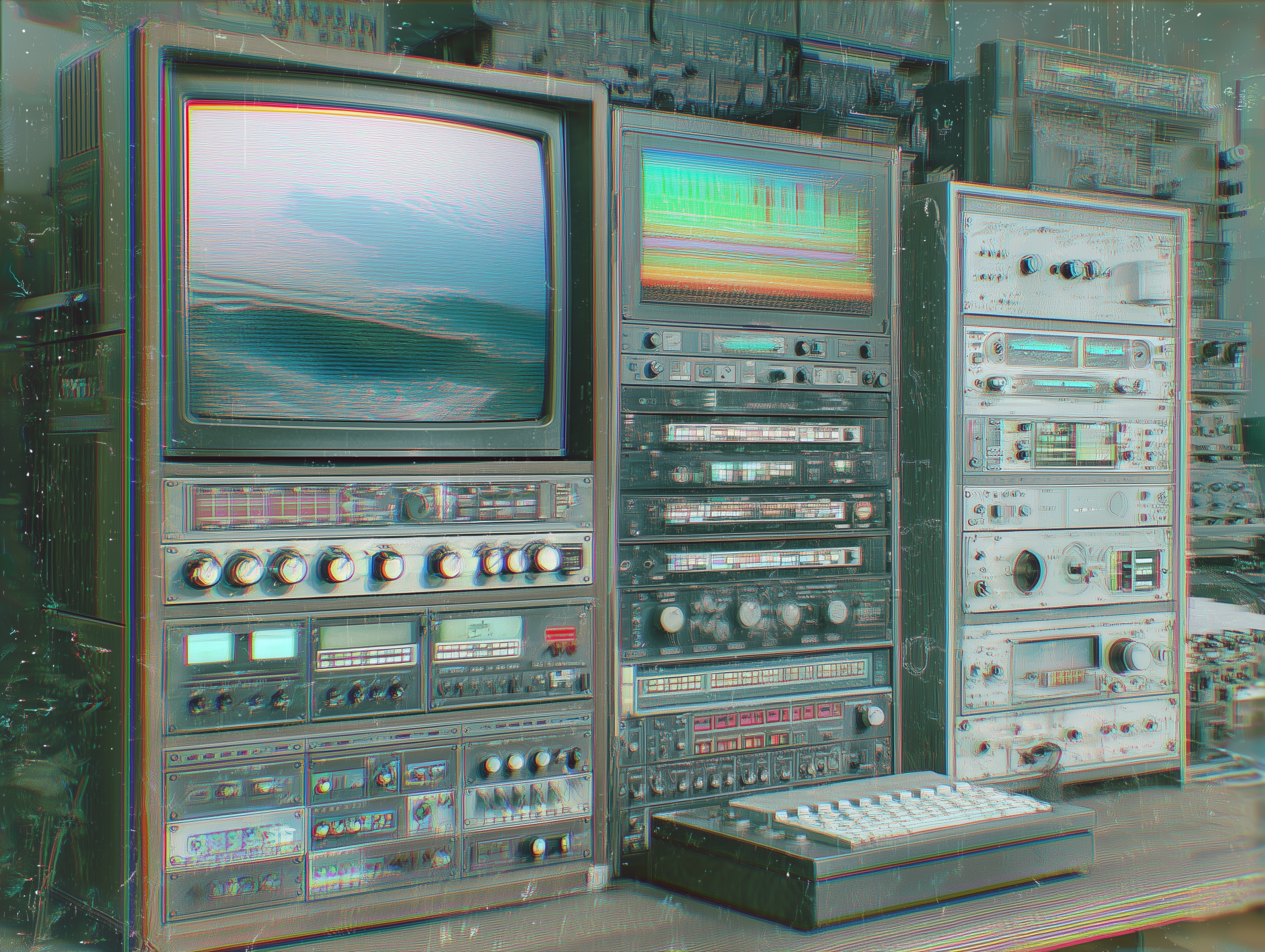 A vintage electronic music setup with multiple old TV monitors, audio equipment, and a keyboard controller.
