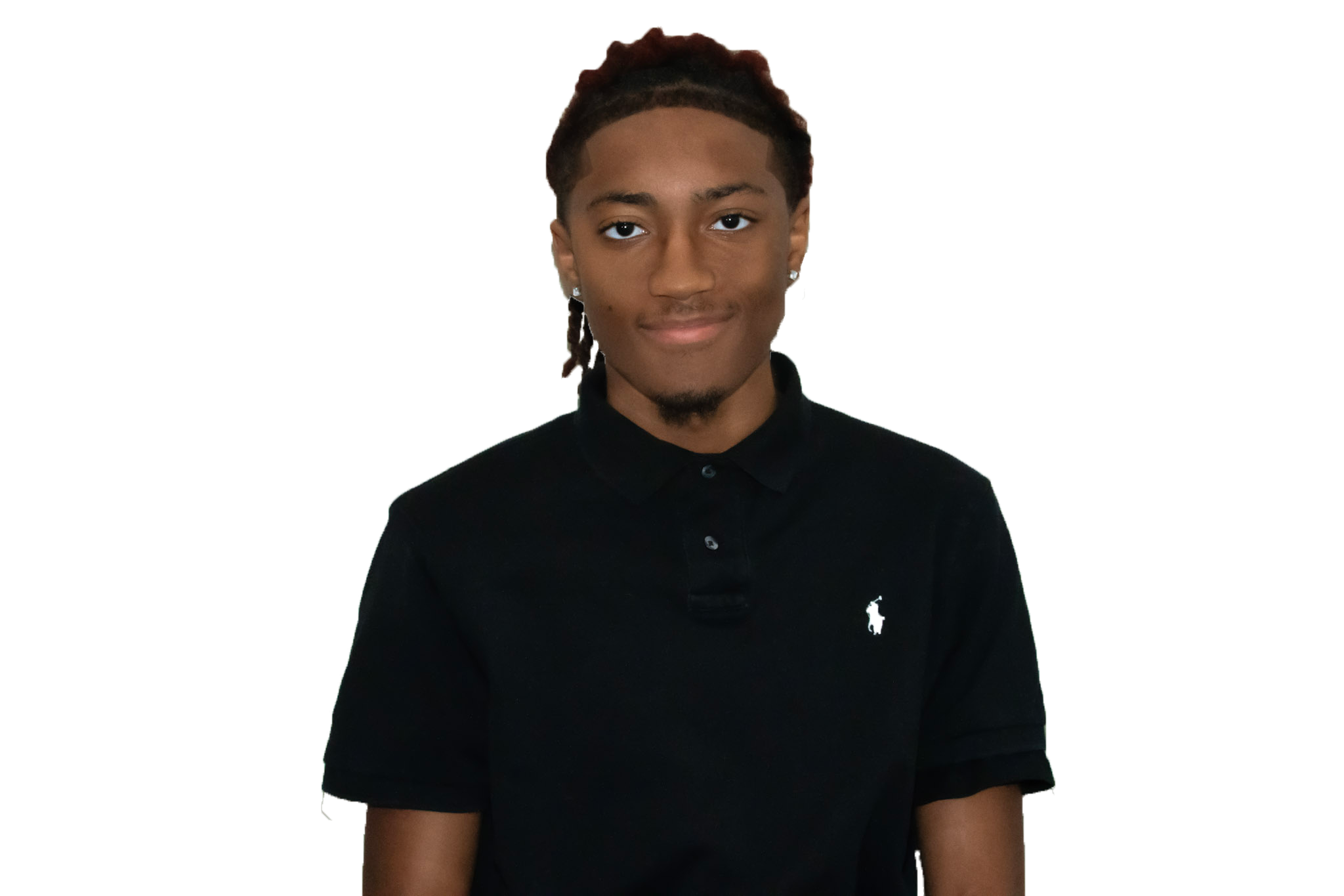 Young man with dreadlocks wearing a black polo shirt with the Polo Ralph Lauren logo, standing against a white background.