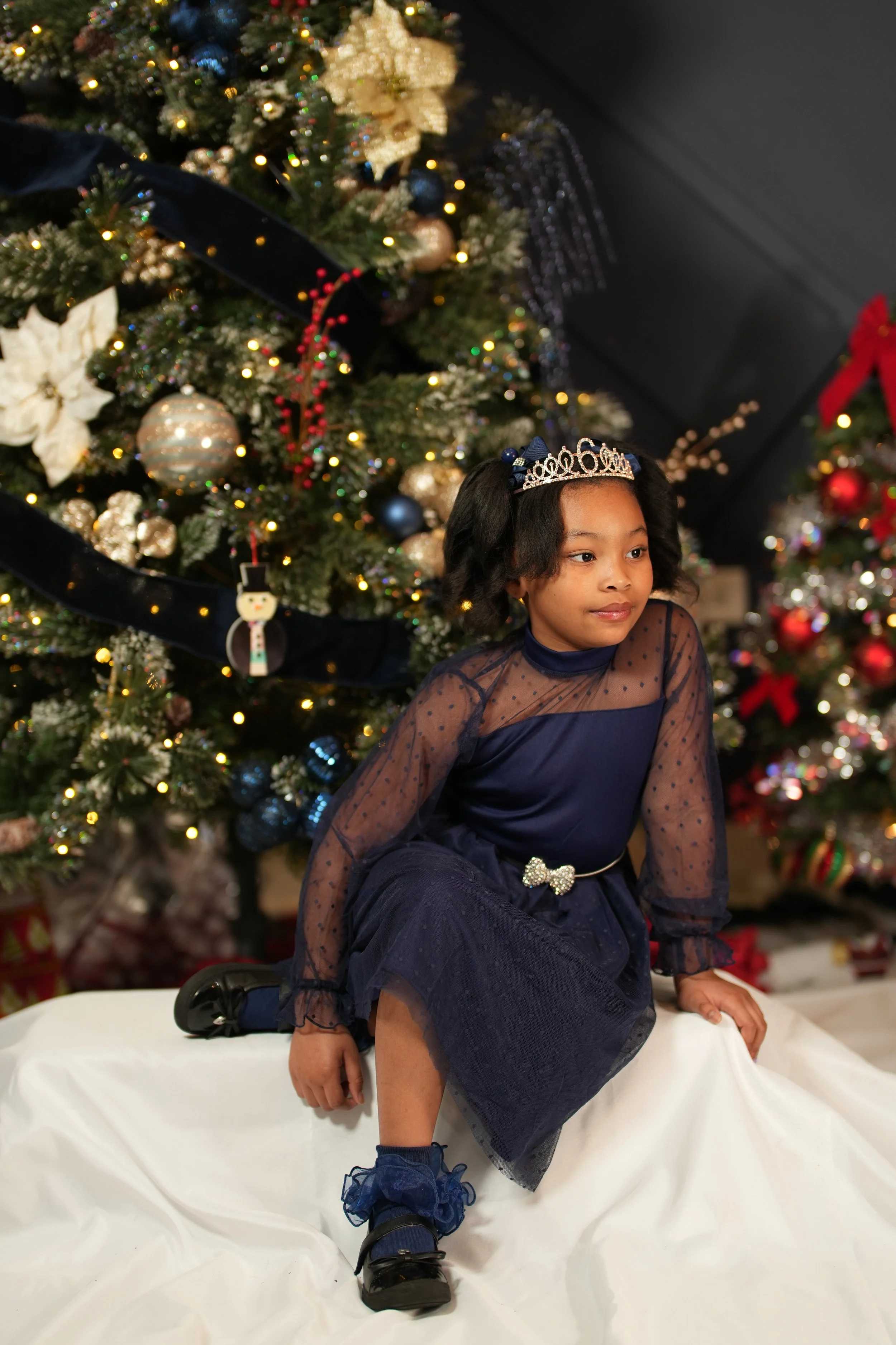 A young girl in a navy blue dress with sheer sleeves and a tiara sitting on a white draped surface in front of decorated Christmas trees adorned with ornaments, lights, and ribbons.