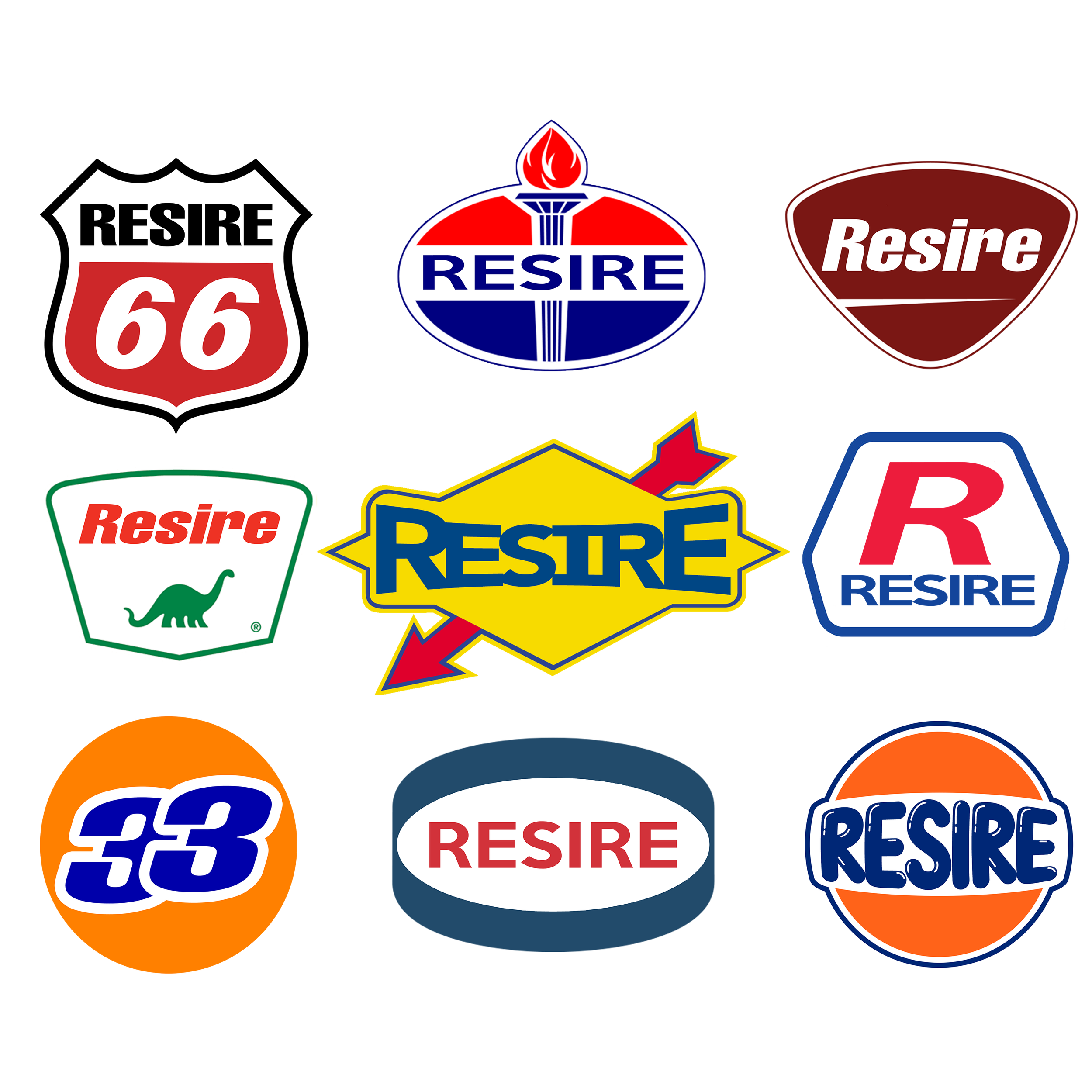 A collection of vintage Resire and related automotive logos featuring bold designs, colors, and various shapes, including shields, banners, and emblems.