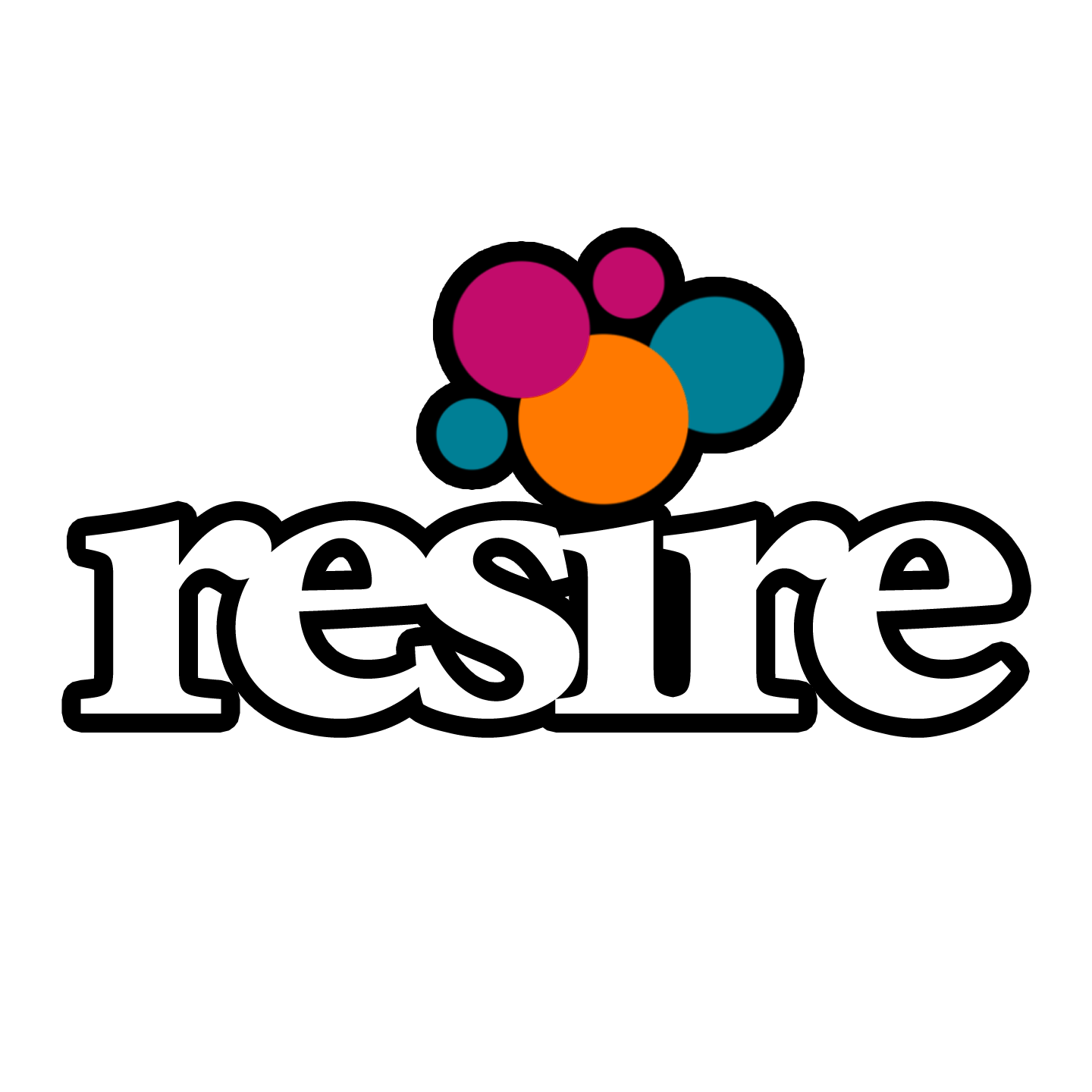 Colorful logo with the word 'resire' in large white lowercase letters on a black background, topped with a design of multicolored circles in magenta, orange, and teal.