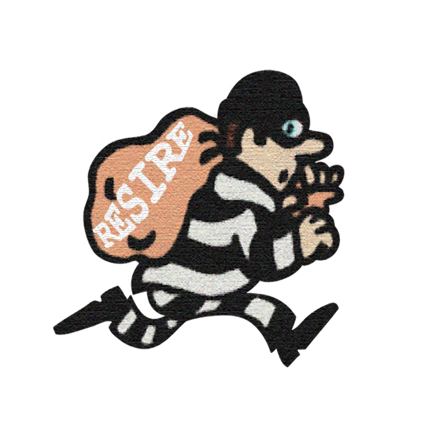 A cartoon illustration of a woman in black and white dragging a large bag labeled 'RESTRICTED'.