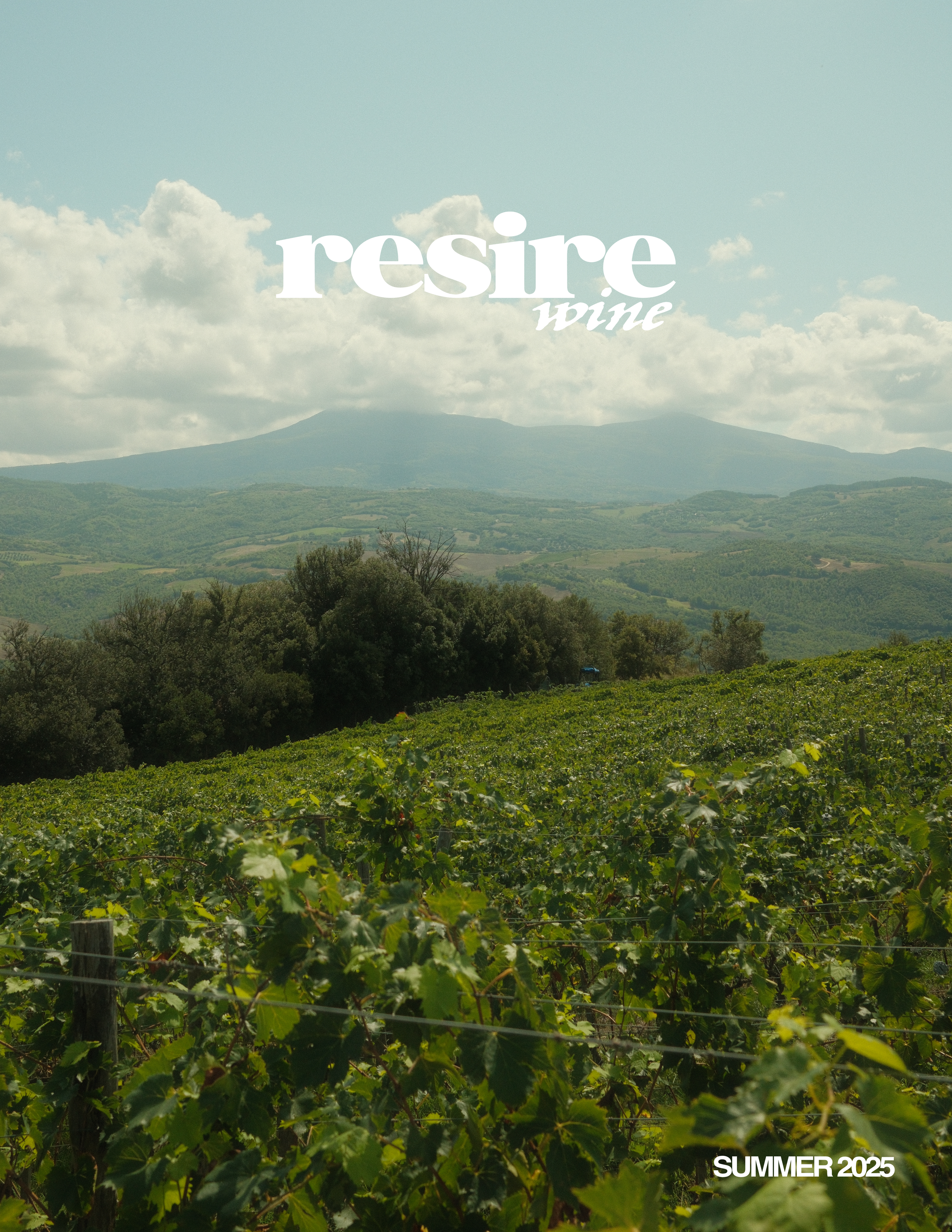 A vineyard with lush green grapevines extending toward distant mountains, under a cloudy sky, with the words 'resire wine' and 'SUMMER 2025' overlaid.
