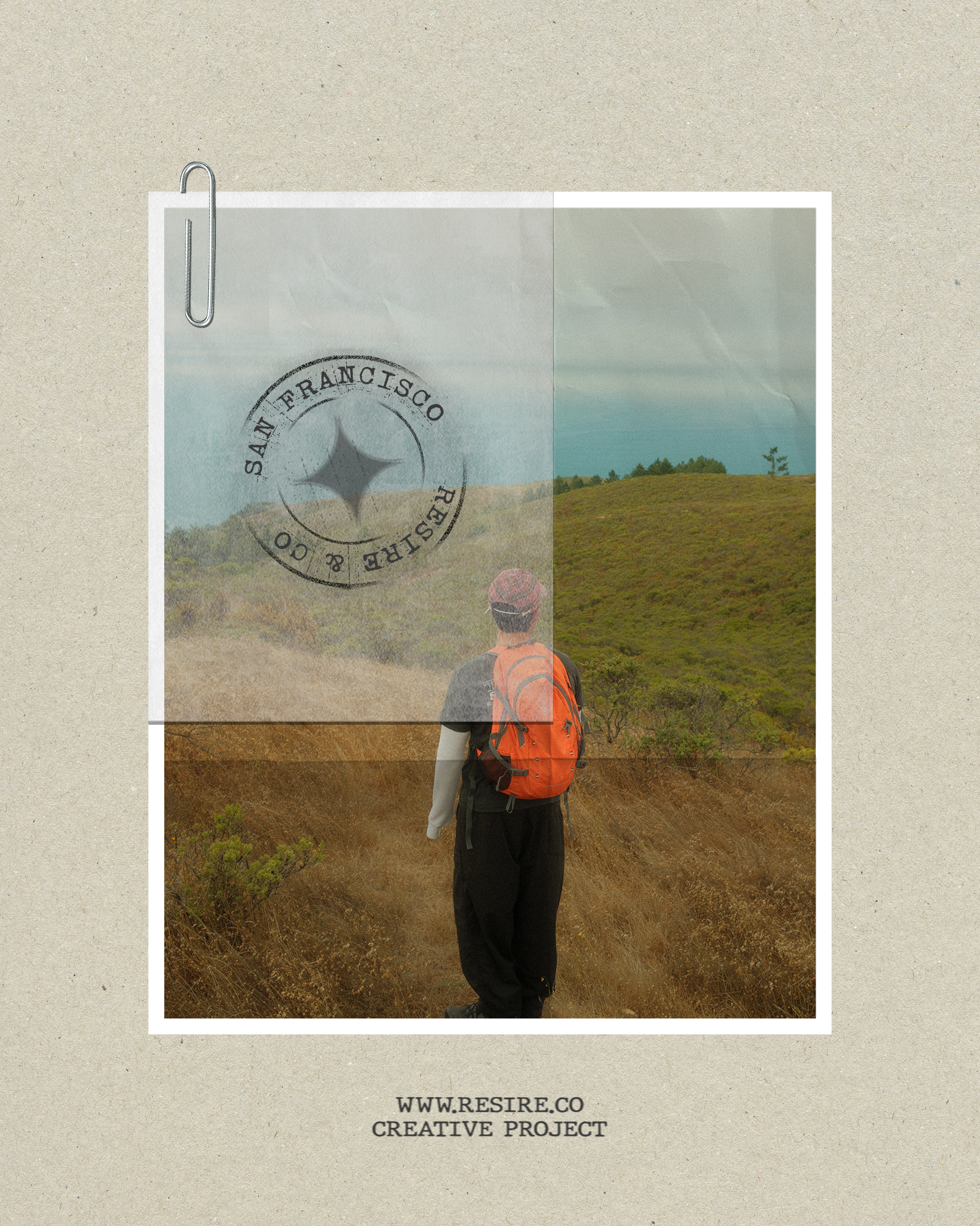 A person with an orange backpack hiking on a trail through a hilly, grassy landscape under cloudy sky, overlaid with a semi-transparent image of a paper with the San Francisco Presidio stamp, and the text "www.resire.co creative project" at the bottom.