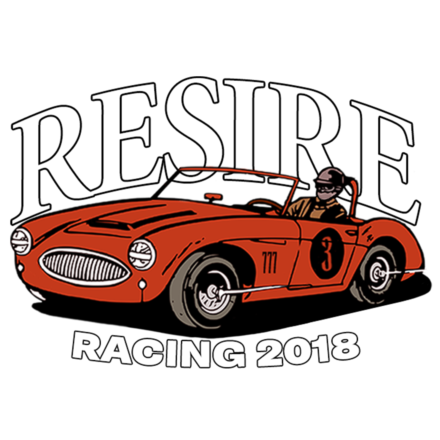 Graphic design featuring an orange racing car with a driver wearing a helmet, surrounded by the words 'RESIST,' and 'RACING 2018' beneath.