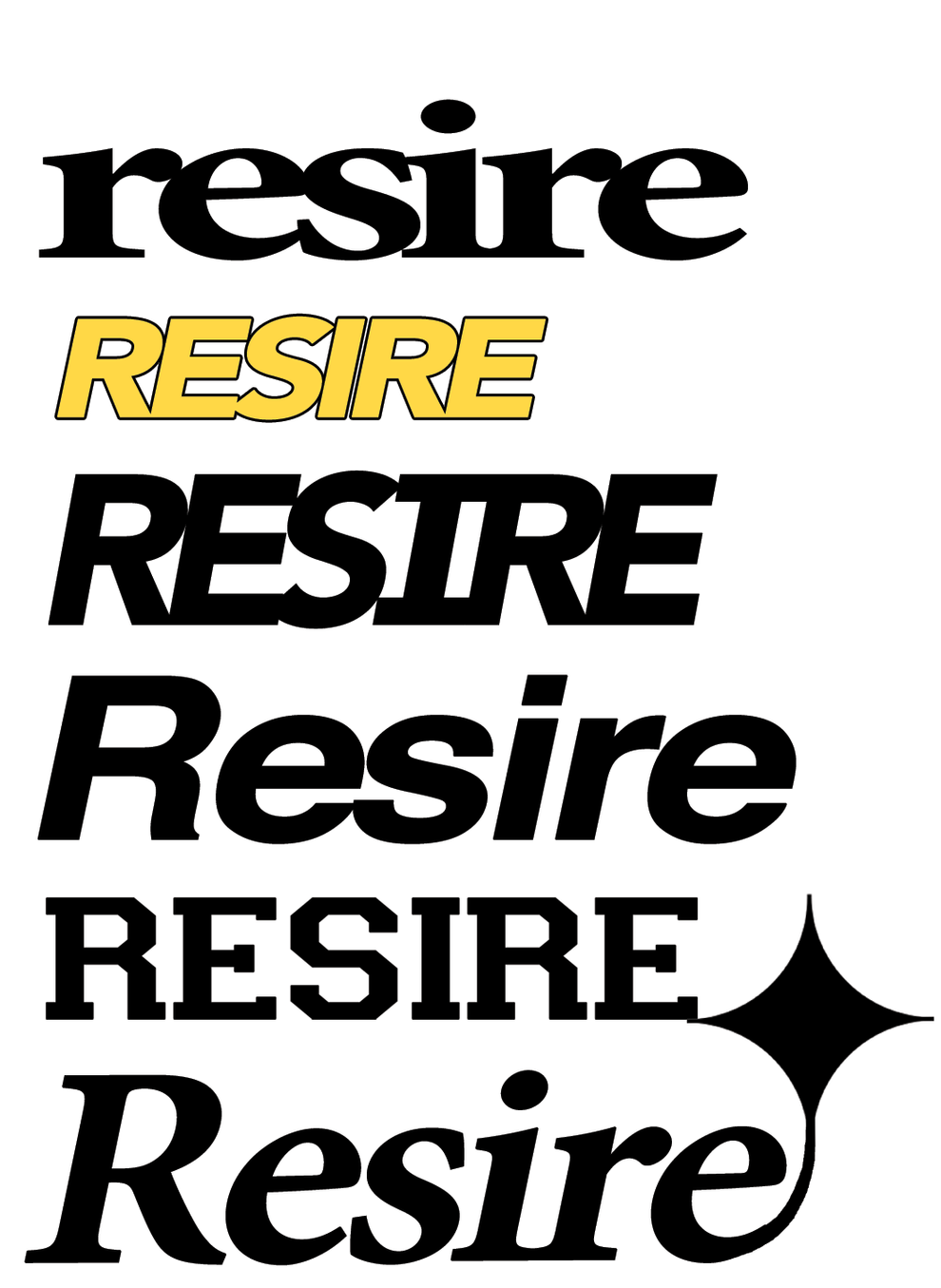 Graphic design with the word 'resire' repeated vertically in various bold fonts and styles, including colored and black-and-white, with a star-like shape in the background.