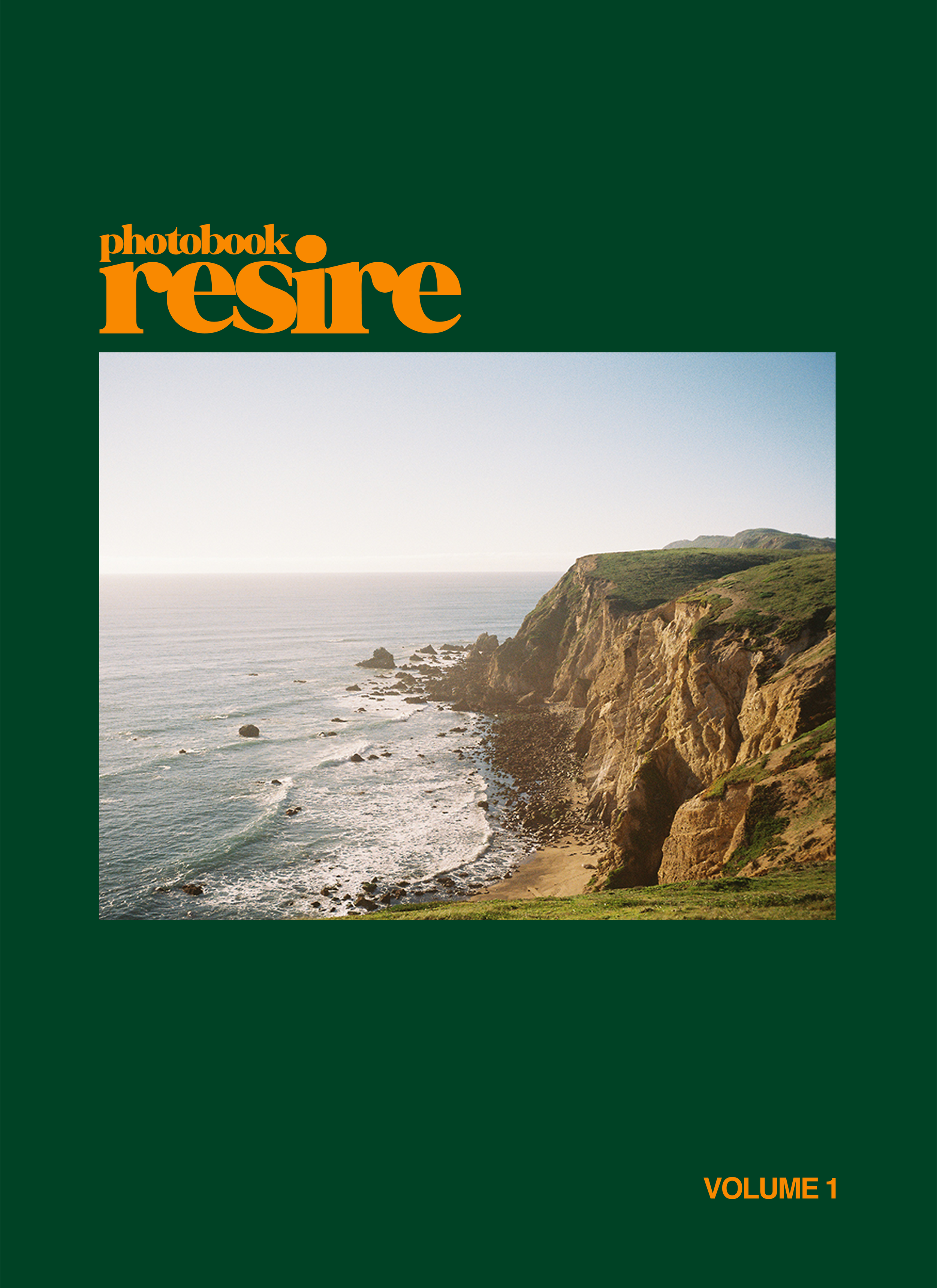 Cover of a photobook titled 'Resire', featuring a landscape photograph of a coast with cliffs, ocean waves, and partly cloudy sky, with green border and orange text.