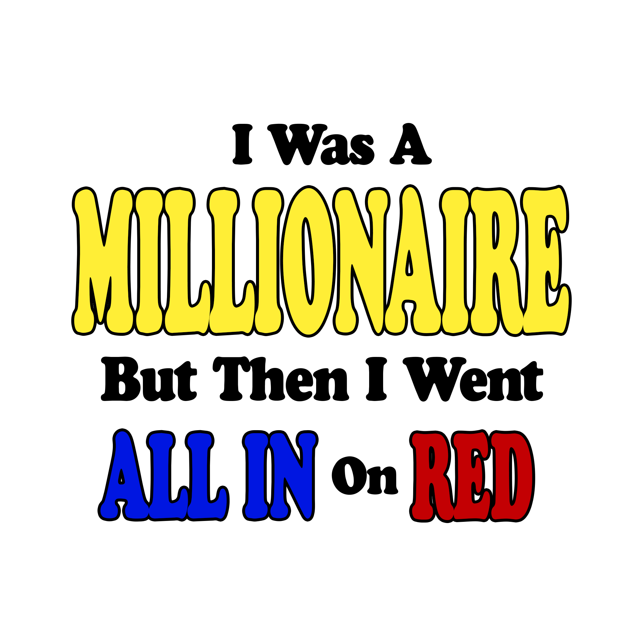 Text on a black background reading 'MILLIONAIRE' in large yellow letters, 'ALL IN' in smaller blue letters, and 'RED' in smaller red letters.