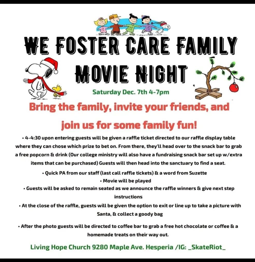Flyer for Foster Care Family Movie Night on Saturday, December 7th, from 4 to 7 pm at Living Hope Church. The flyer features illustrations of Snoopy with Woodstock, the Peanuts gang, and a small pine tree with a red ornament. The event includes a raffle, snacks, a movie, and photos with Santa.