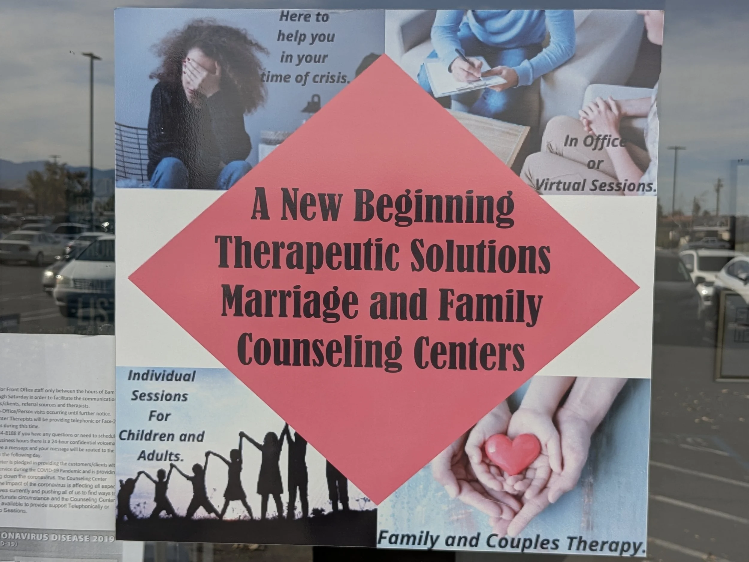 Poster for therapy and counseling centers featuring images of a distressed woman, people in therapy sessions, and hands holding a heart, with text about treatment options during crisis, in office or virtual sessions, and individual sessions for children and adults.