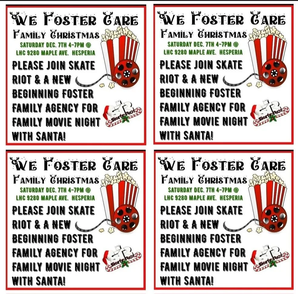 Four identical flyers with a Christmas theme. Each flyer promotes a family Christmas event at LHC 9280 Maple Ave., Hesperia, on Saturday, December 7th, from 4 to 7 pm. The event includes family skate, a new beginning foster family agency, family movie night with Santa, and features a popcorn bucket illustration. The flyers have a red border and festive fonts.