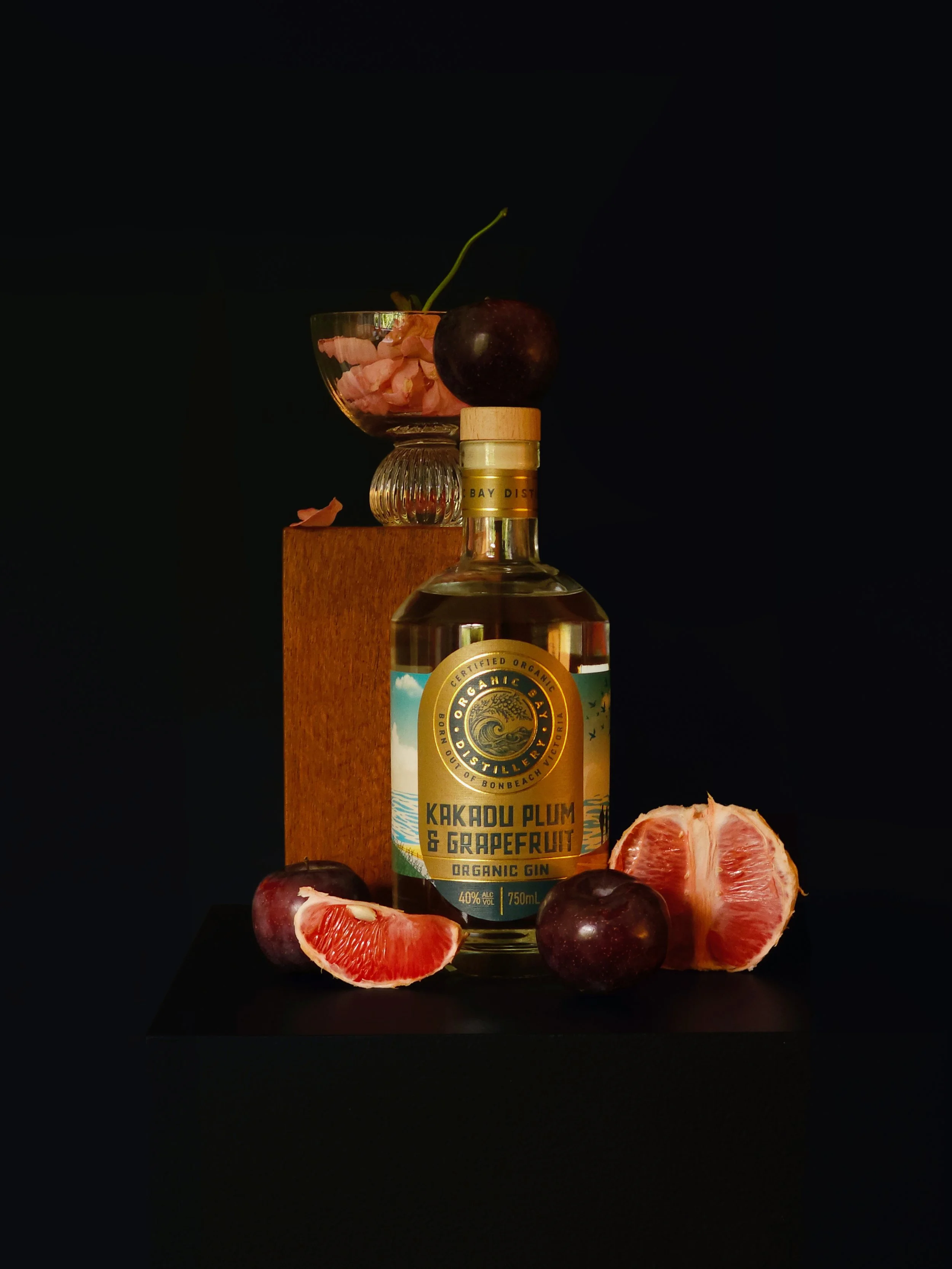 Organic Bay Gin, creative still life with styled bottle of alcohol